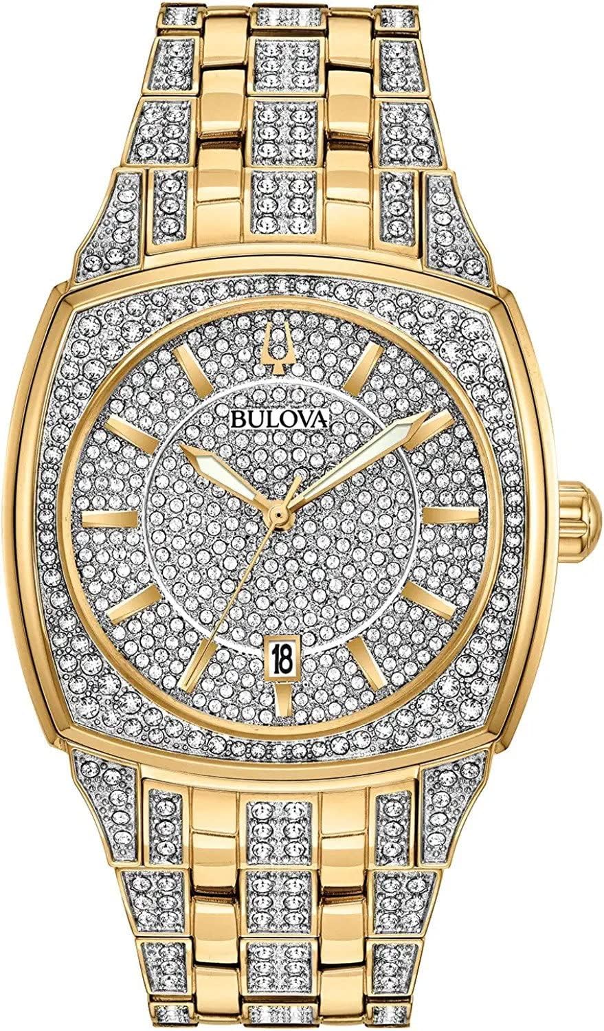 Bulova Men's Crystal Phantom 3-Hand Date Quartz Cushion Shaped Case Watch, Pave Crystal Dial, 40mm