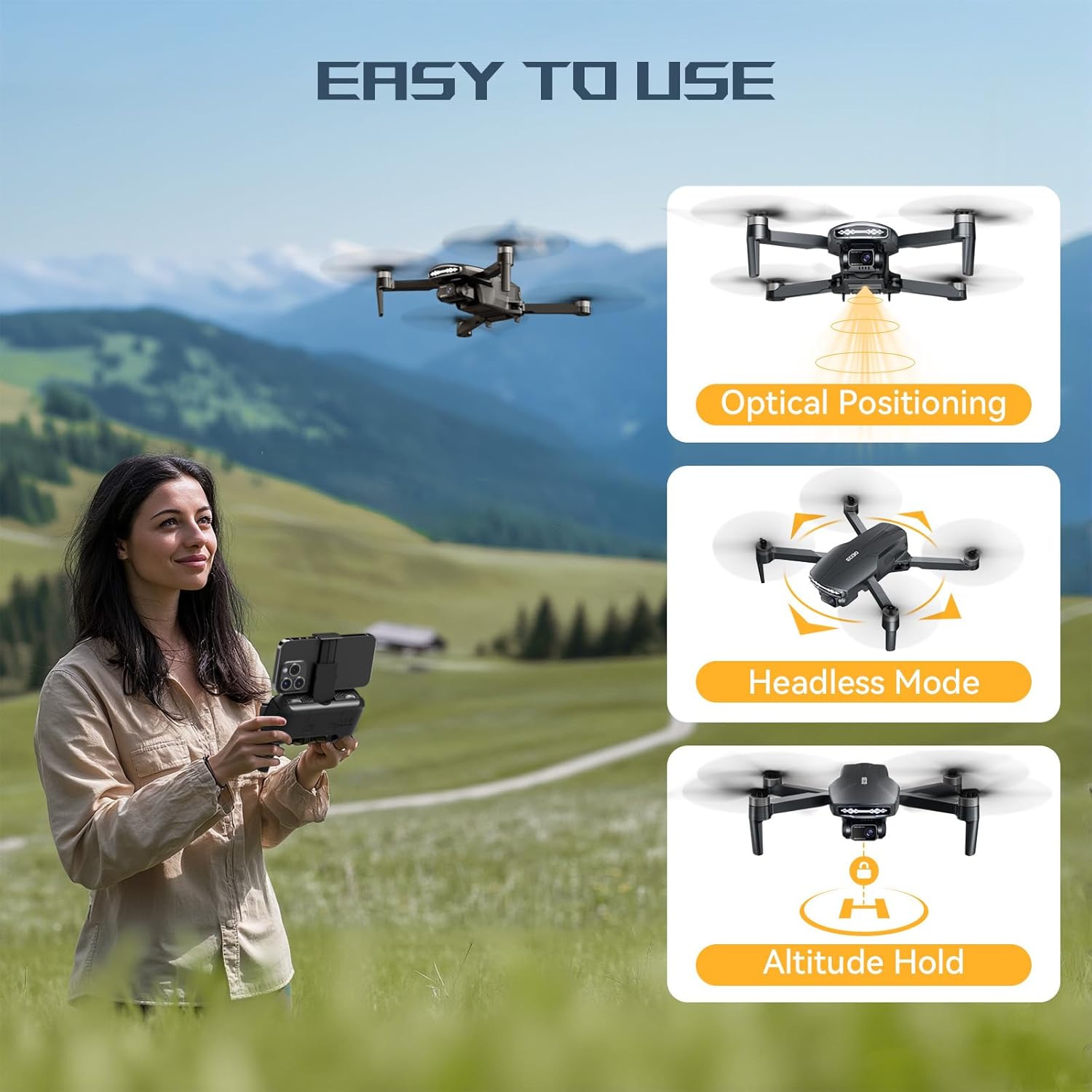 Dron motor sin escobillas con cámara 4K para adultos de largo alcance FPV Video RC Drone con posicionamiento óptico, transmisión 5G, lente ajustable de 90° FOV de 120°, 2 baterías, funda de