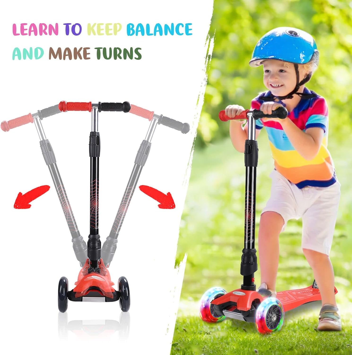 3 Wheel Scooter for Kids Ages 6-12,Kids Scooter with Light Up Wheels, Sturdy Deck Design, and 4 Height Adjustable Suitable for Kids Ages 3-12