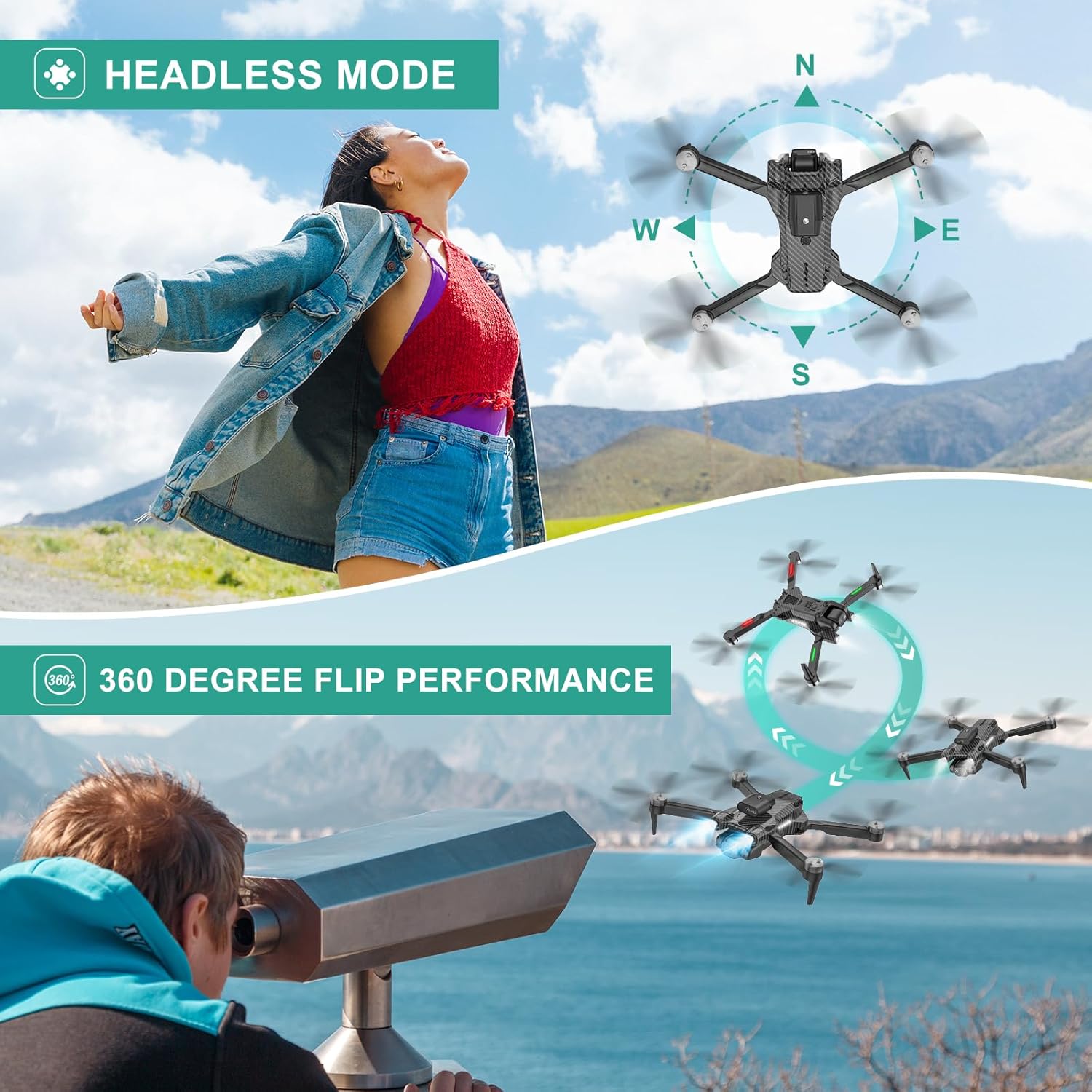 Drone 4K para nios principiantes, parada de emergencia, modo sin cabeza, funda de transporte, 360 vueltas, 2 baterías, juguetes inalámbricos para nios y nias