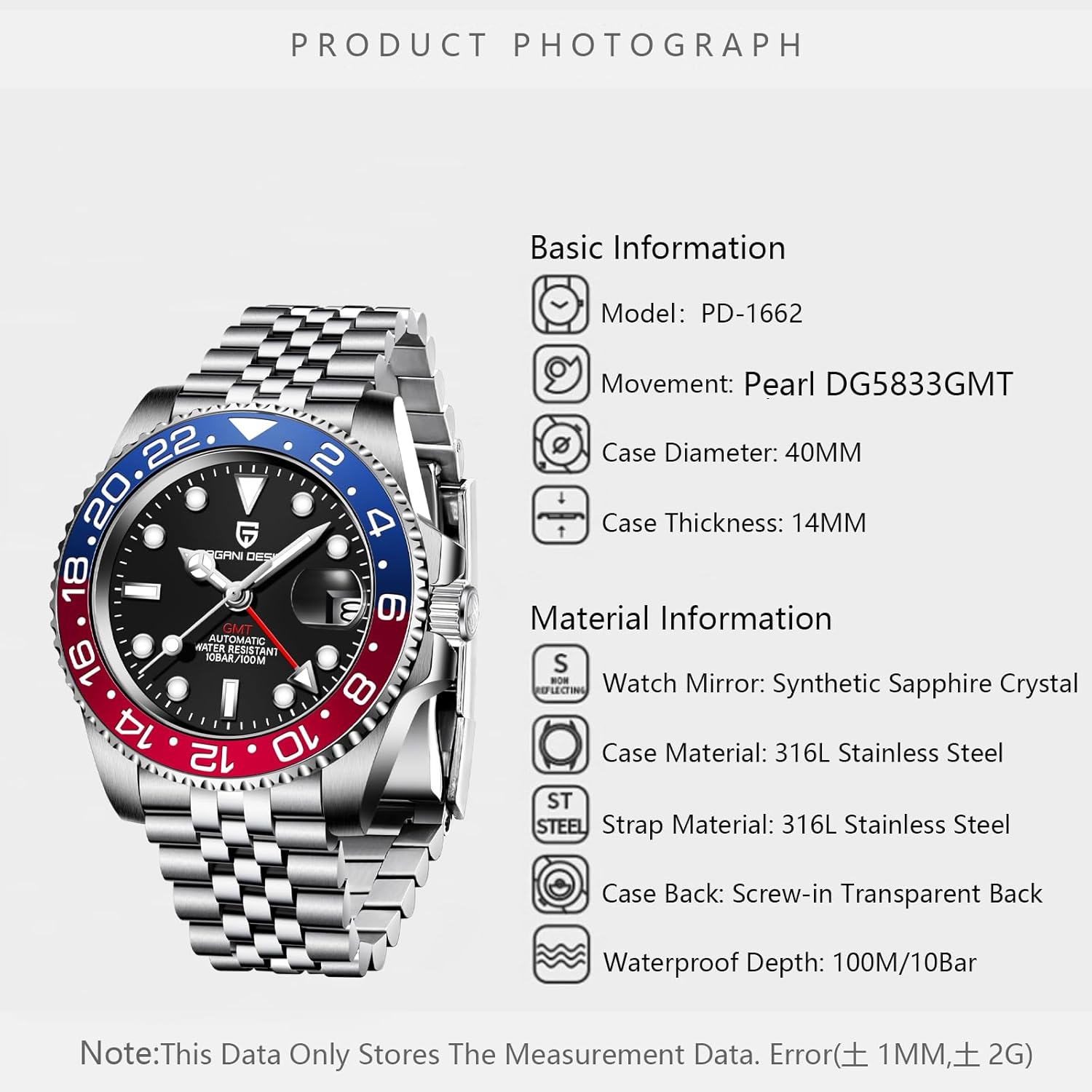 Men Watch Pagani Design GMT Watches for Men Automatic 40MM Date 100M Waterproof Stainless Steel Sapphire Glass Mechanical Wristwatches PD-1662