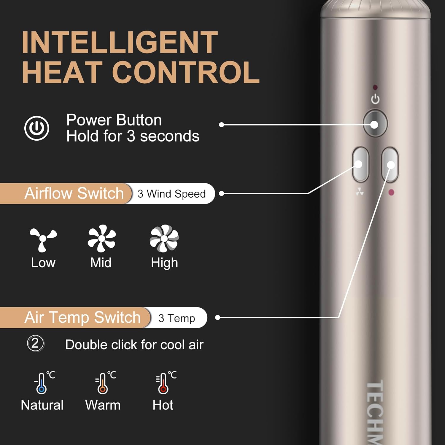 Hair Dryer Brush TECHMERI 6 in 1 Blow Dryer Brush Ions, Detachable Hair Styler Tools, Auto Wrap Curler, Hot Air Brush for Drying, Straightening and Volumizing