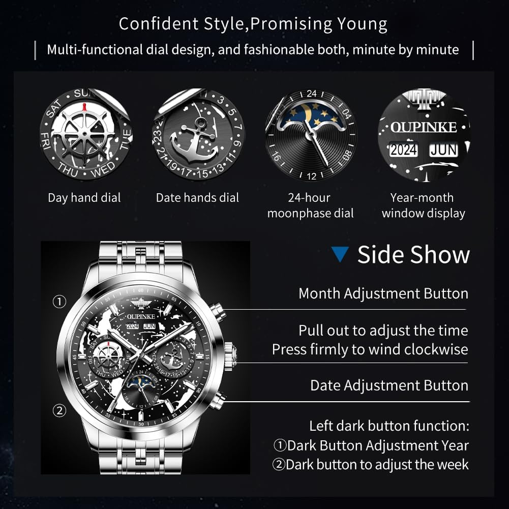 OUPINKE Men's Automatic Watch Self Winding Mechanical Luxury Wrist Watch Sapphire Crystal Tungsten Steel