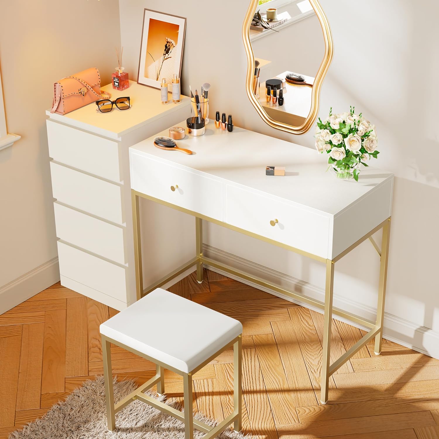 SUPERJARE 35.4 White and Gold Desk with 2 Drawers, Modern Makeup Vanity Desk with Padded Stool, Small Computer Desk Home Office Desk for Writing Study Bedroom