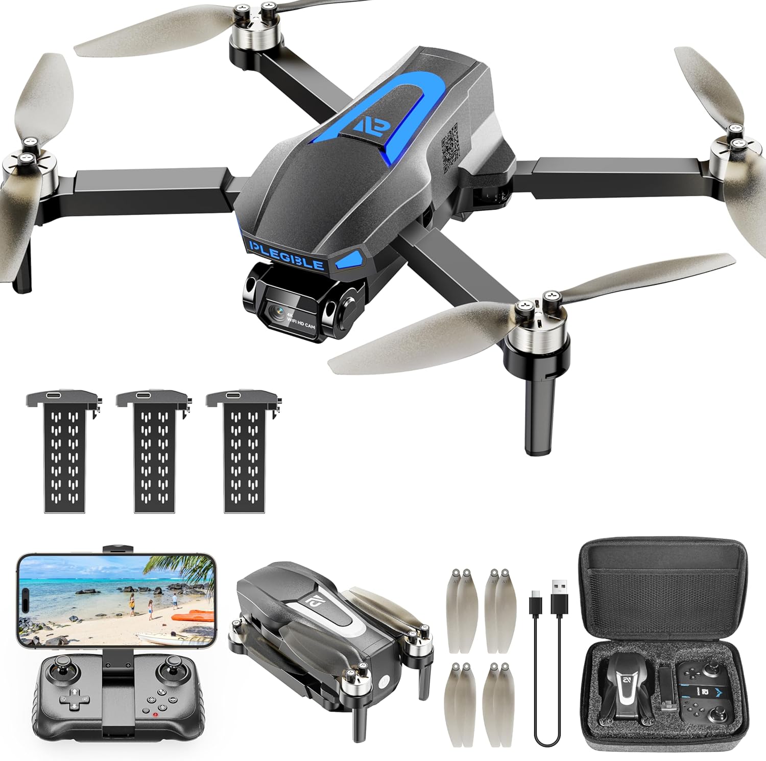 PLEGBLE Drones con cámara para adultos 4K, dron motor sin escobillas para nios principiantes, FPV plegable RC Quadcopter con 3 baterías, tiempo de vuelo largo de 45 minutos, alerta de pérdida de más