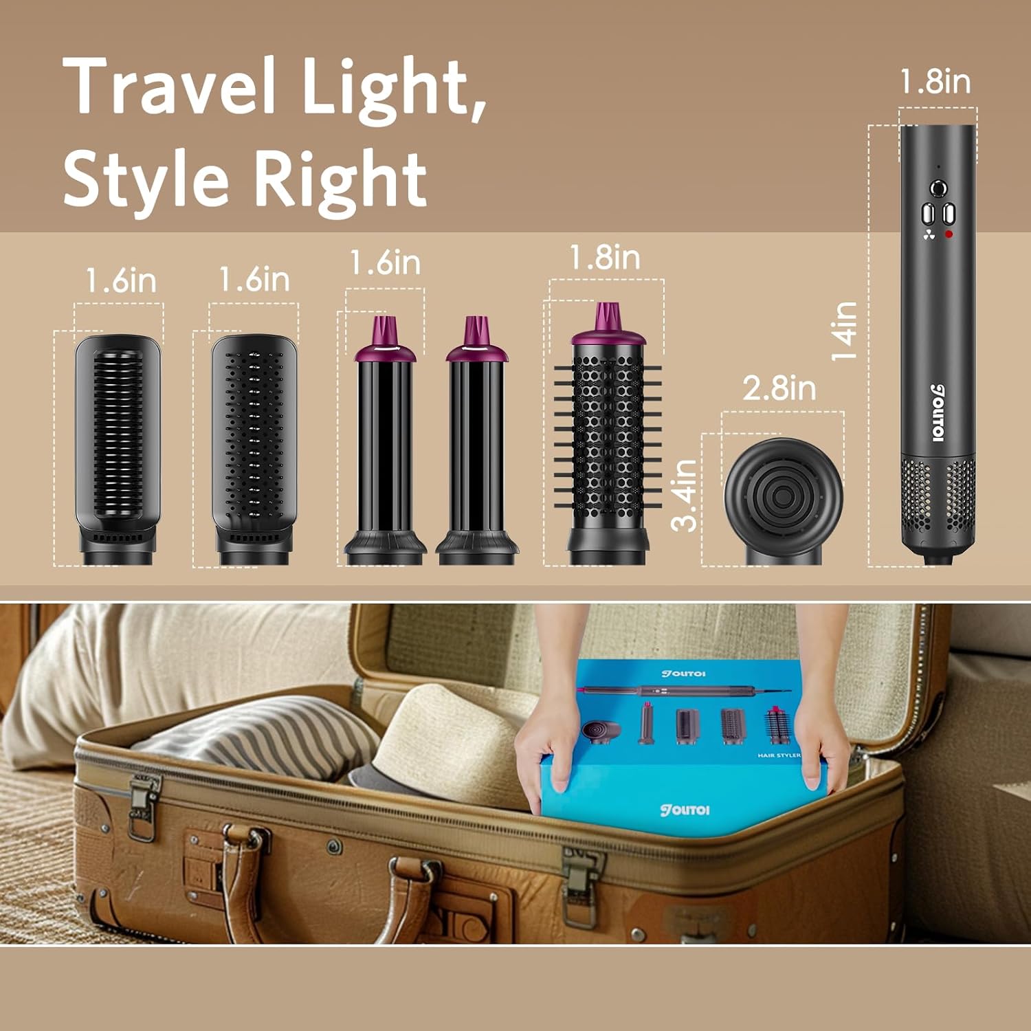 Hair Dryer Brush, Jolitoi 6 in 1 Blow Dryer Brush with 110,000 RPM High-Speed Negative Ionic, Automatic Curling Iron, Hot Air Styler for Fast Drying Curling Volumizing Straightening (Dark Grey)