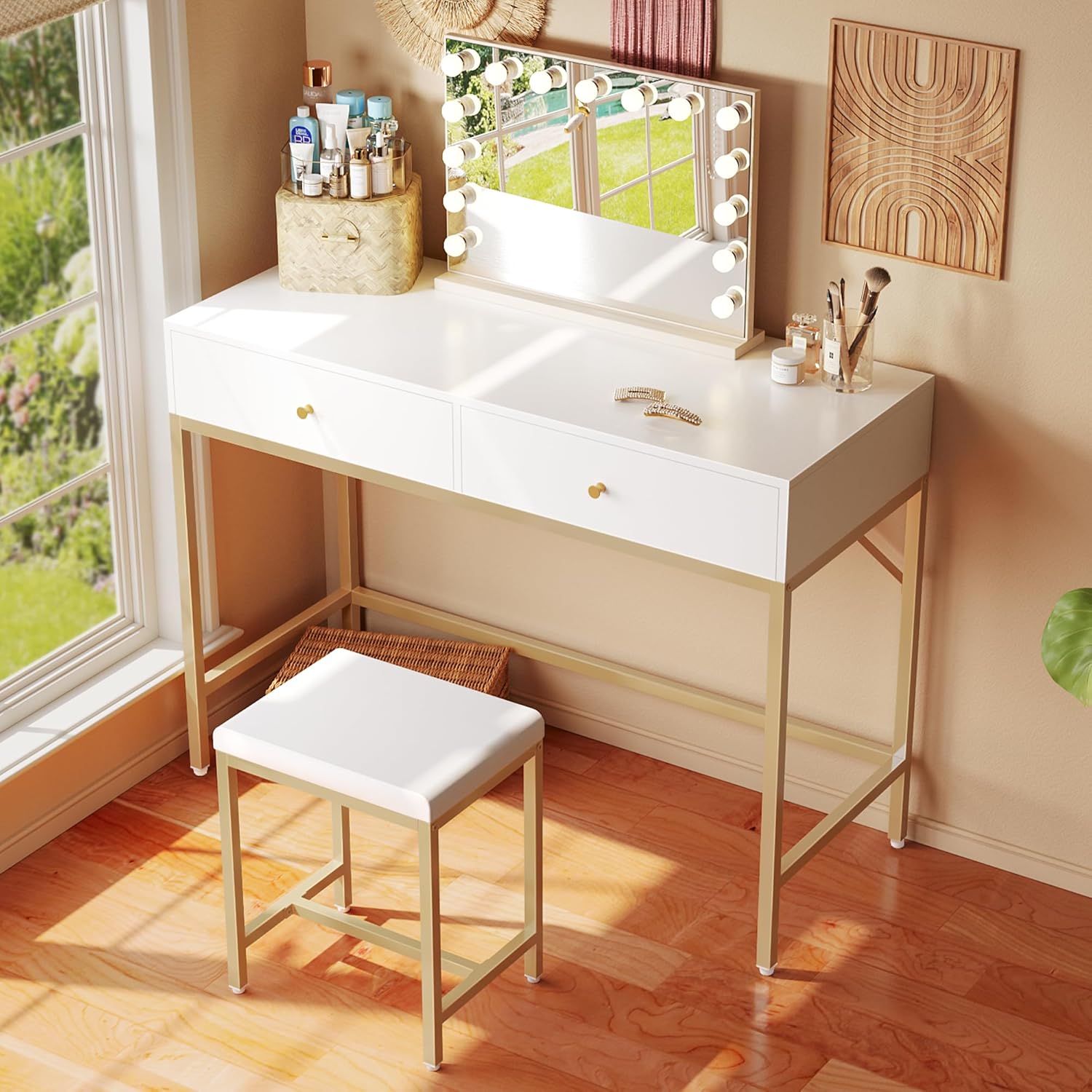SUPERJARE 35.4 White and Gold Desk with 2 Drawers, Modern Makeup Vanity Desk with Padded Stool, Small Computer Desk Home Office Desk for Writing Study Bedroom