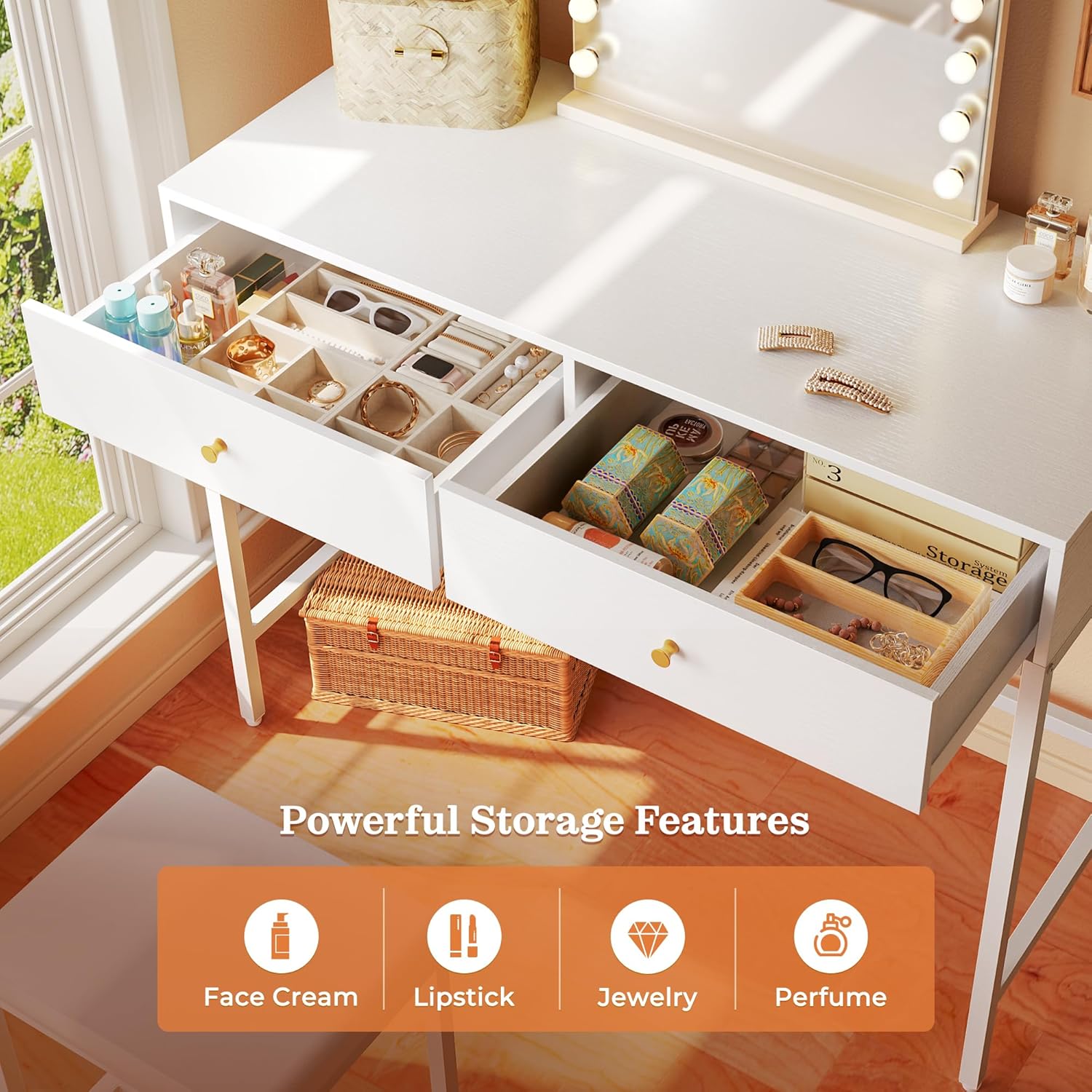 SUPERJARE 35.4 White and Gold Desk with 2 Drawers, Modern Makeup Vanity Desk with Padded Stool, Small Computer Desk Home Office Desk for Writing Study Bedroom