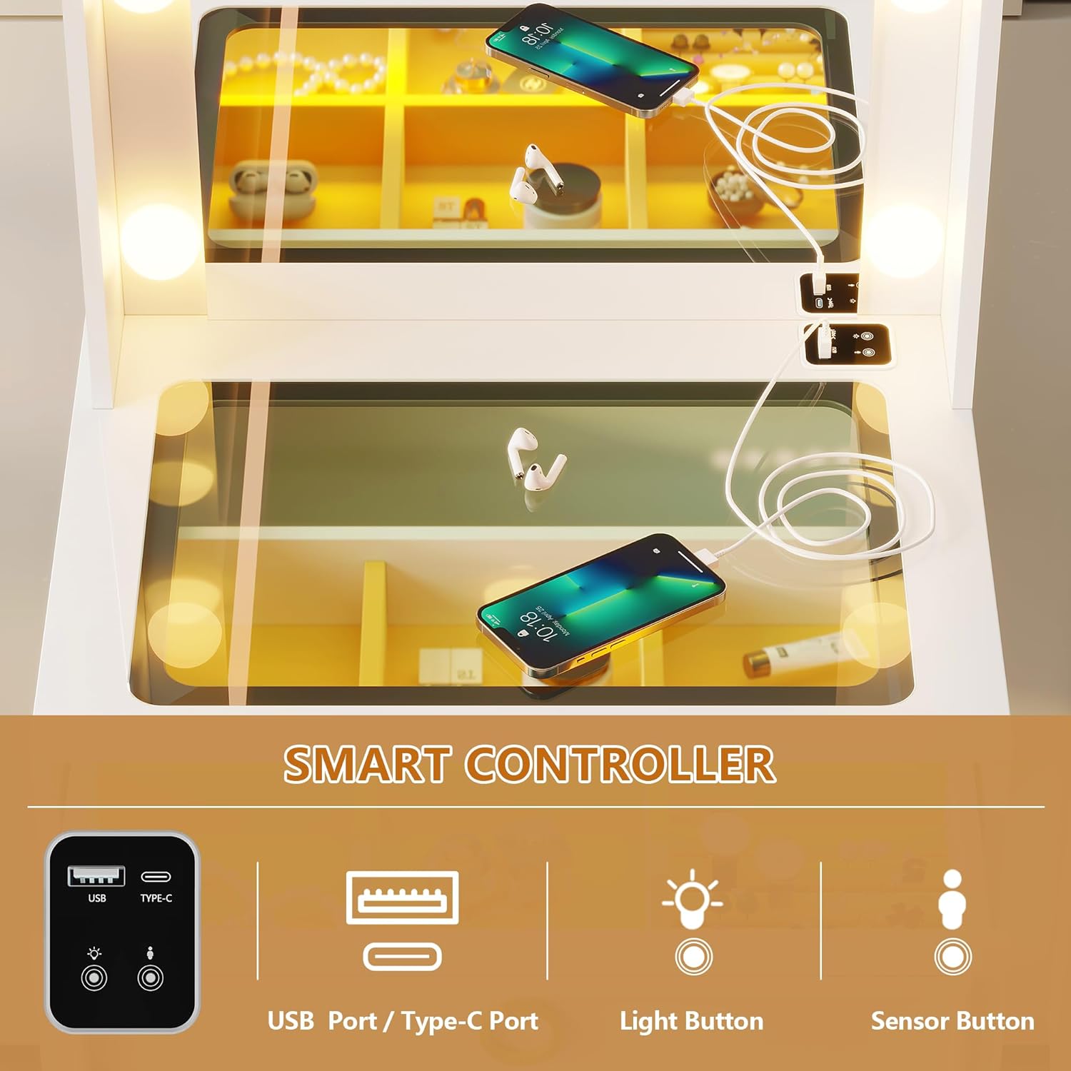 LVSOMT Small Makeup Vanity with Glass Top, White Vanity Desk with Lighted Mirror and Lights, Mini Makeup Table with Motion Sensor, Corner Dressing Table for Bedroom, Apartment