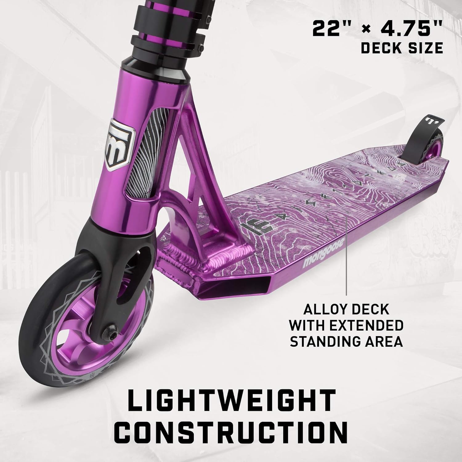 Mongoose Rise Freestyle Stunt Trick Scooter, For Kids Youth Adult Men Women Ages 8 Up, Lightweight Alloy Deck & Heavy-Duty Frame Up to 220 lbs., Bike-Style Grip, T-Bar Handlebar and High Impact Wheels