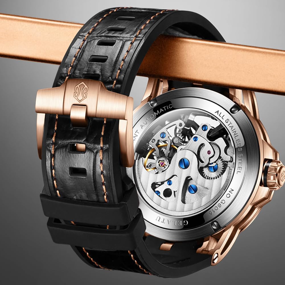 OUPINKE Skeleton Mens Watches Automatic Mechanical Luxury Watch Sapphire Crystal Leather Band Waterproof Luminous Wristwatch