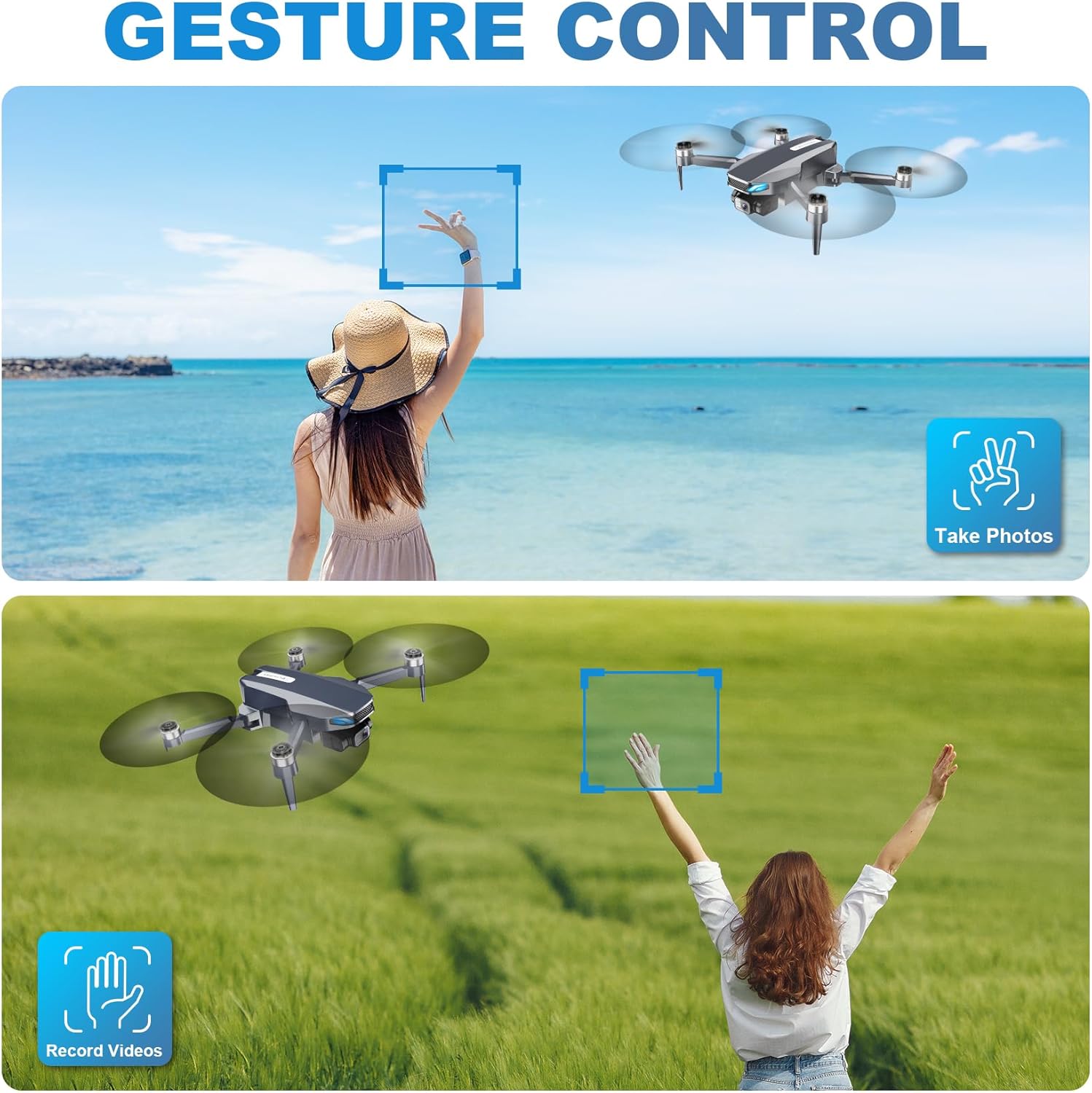 Dron con cámara, 2K FPV Drone con motor sin escobillas, retención de altitud, selfie gesto, despegue/aterrizaje con una tecla, giros 3D, vuelo de punto de referencia, 2 baterías, mini drones plegables