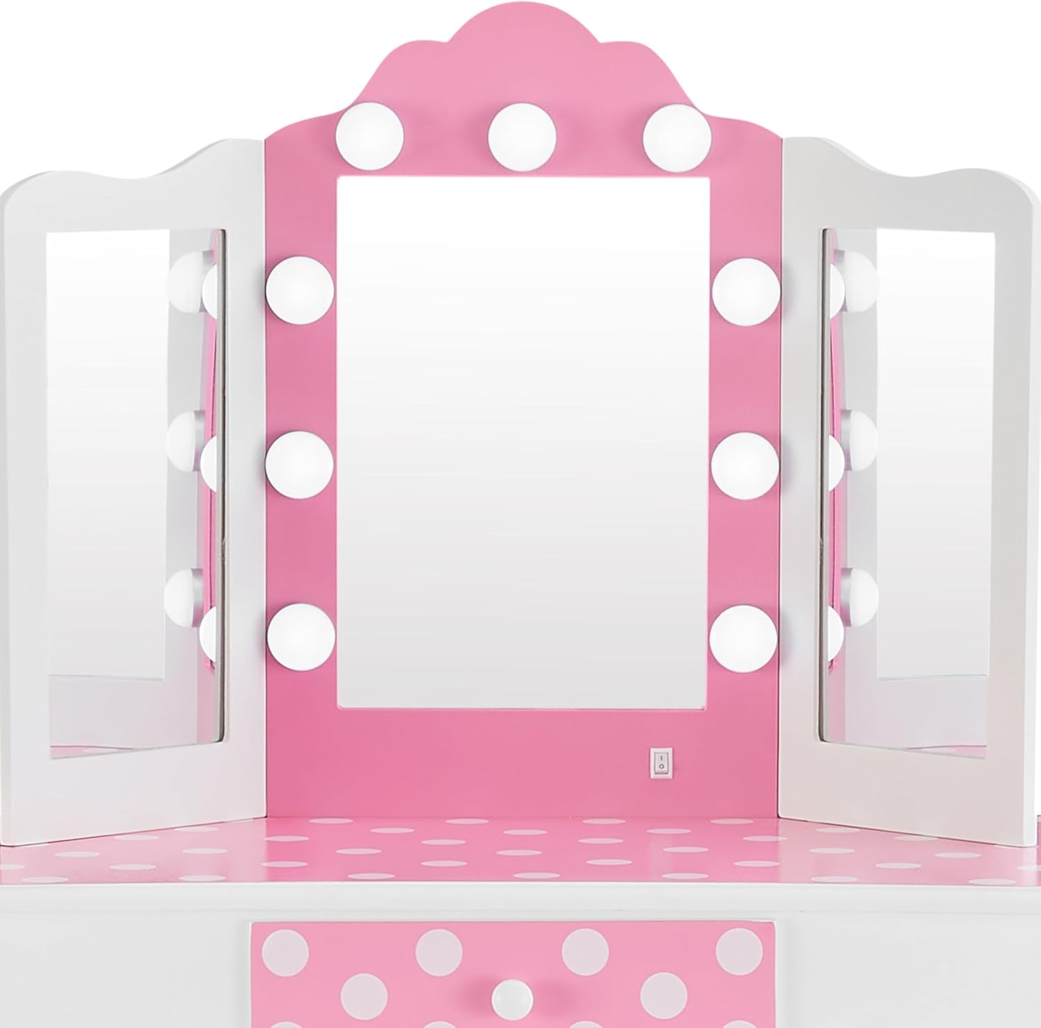 Teamson Kids Pretend Play Kids Vanity, Table & Chair Vanity Set with Mirror, Girls Makeup Dressing Table with Storage Drawer & Polka Dot Print, Gisele Collection, Pink/Gold