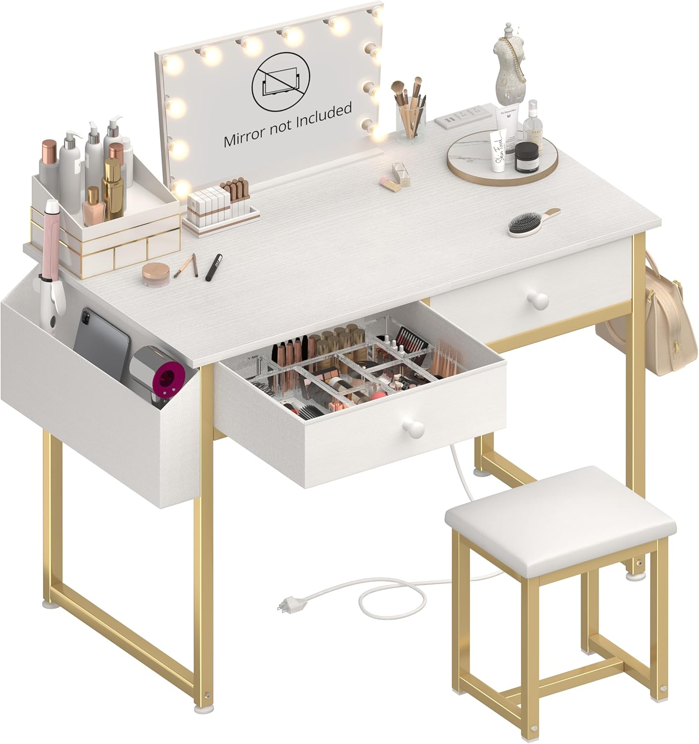 KAI-ROAD White and Gold Makeup Vanity Desk with Chair no Mirror, Small Vanity Table with Drawers, Power Outlet & Stool Without Mirror, Modern Make Up Desk Set for Bedroom