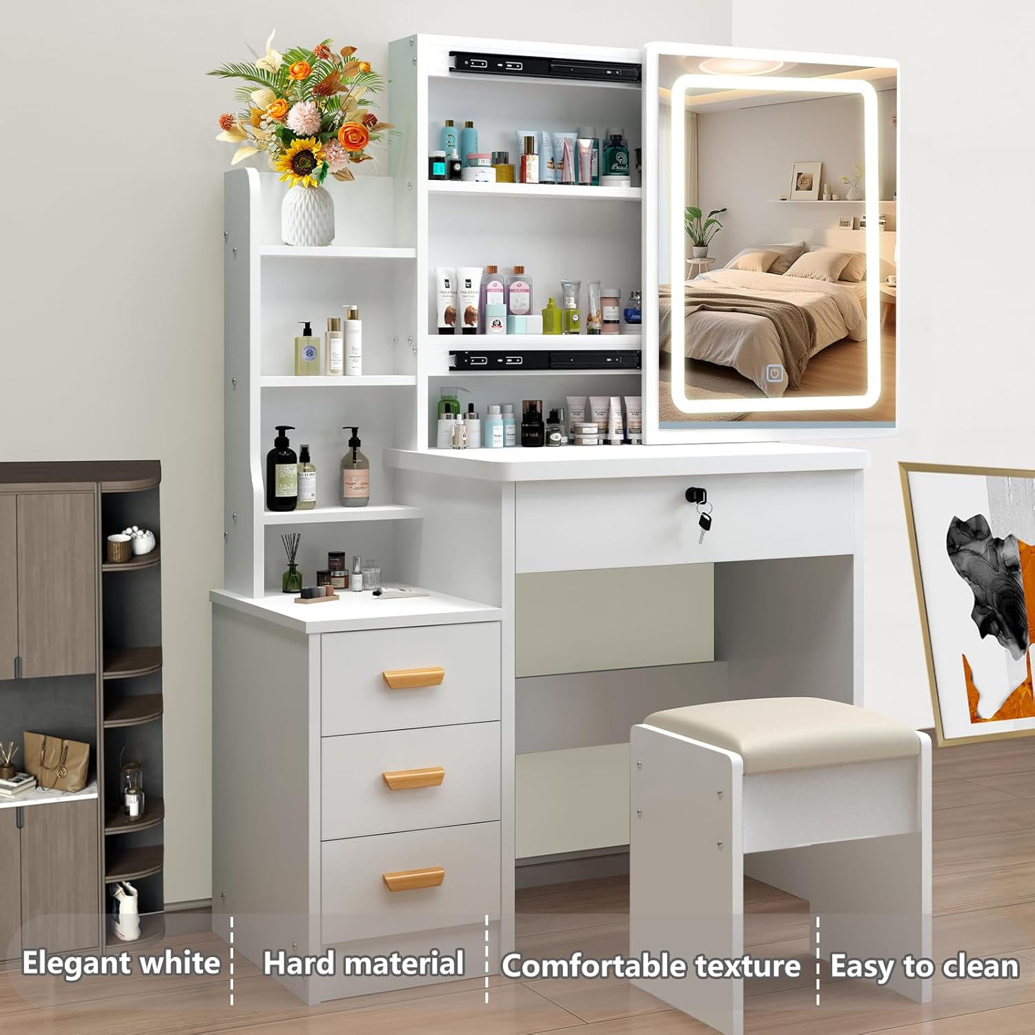 MONGMON Vanity Desk with Mirror and Lights, 3 Lighting Modes, European Style Dressing Table with Drawers, with Open Storage Shelves,Makeup Vanity Table for Bedroom,Gifts for Girls and Women, White