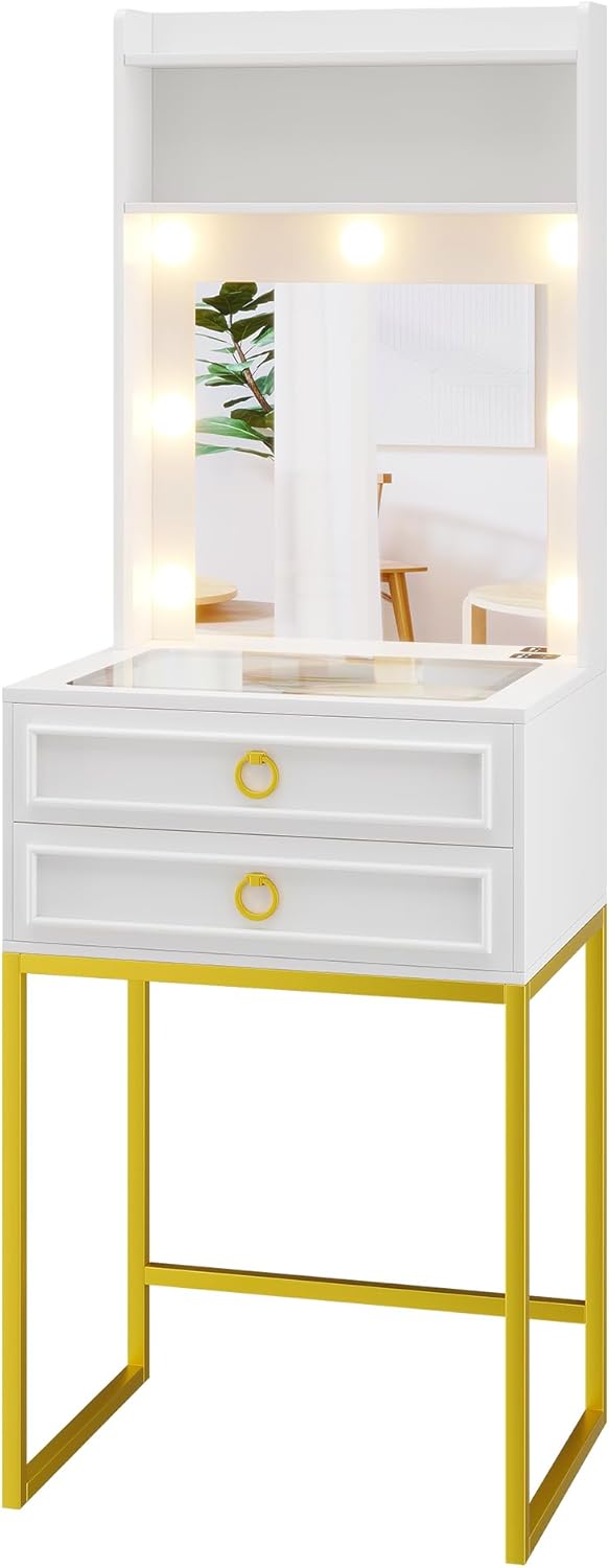 LVSOMT Small Makeup Vanity with Glass Top, White Vanity Desk with Lighted Mirror and Lights, Mini Makeup Table with Motion Sensor, Corner Dressing Table for Bedroom, Apartment