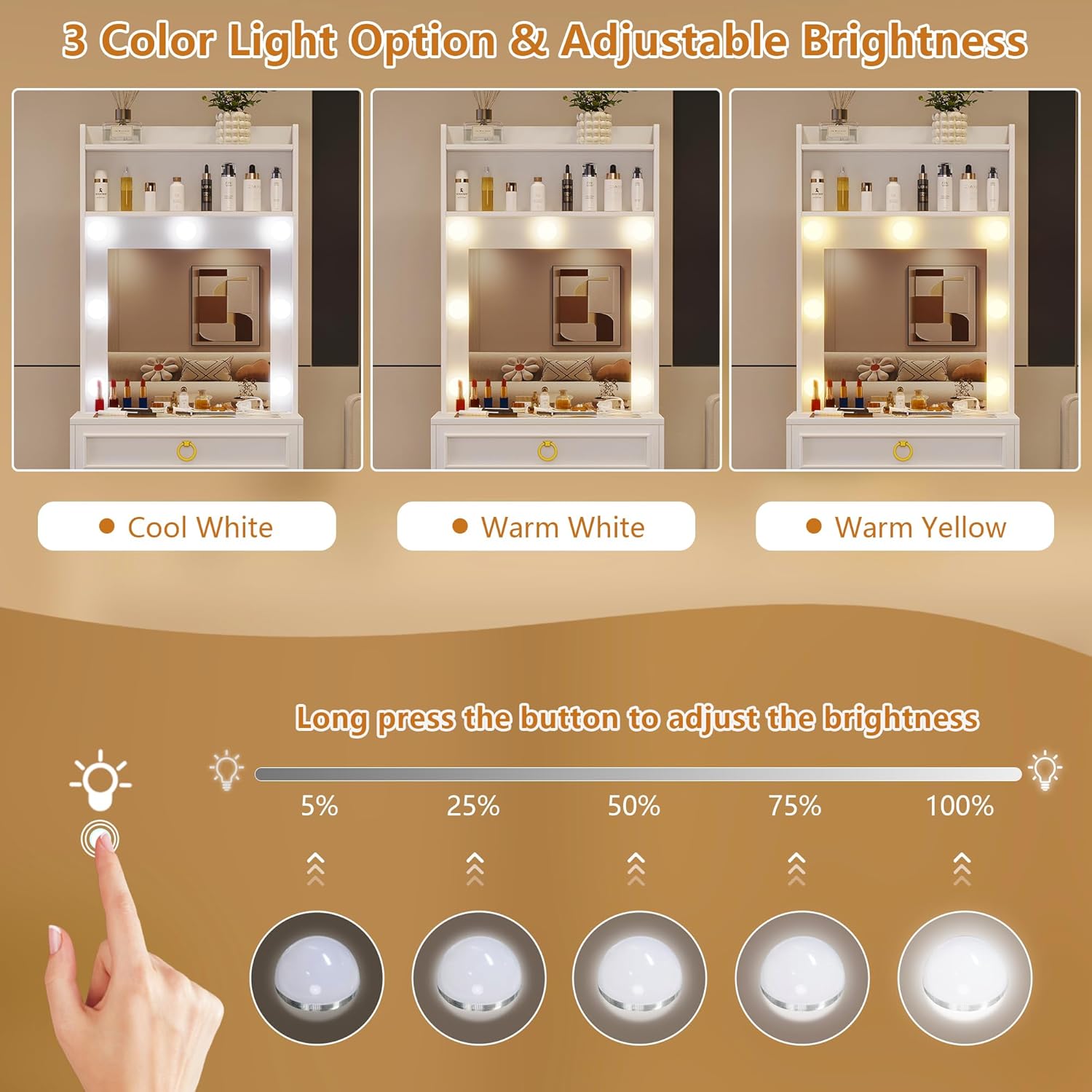 LVSOMT Small Makeup Vanity with Glass Top, White Vanity Desk with Lighted Mirror and Lights, Mini Makeup Table with Motion Sensor, Corner Dressing Table for Bedroom, Apartment