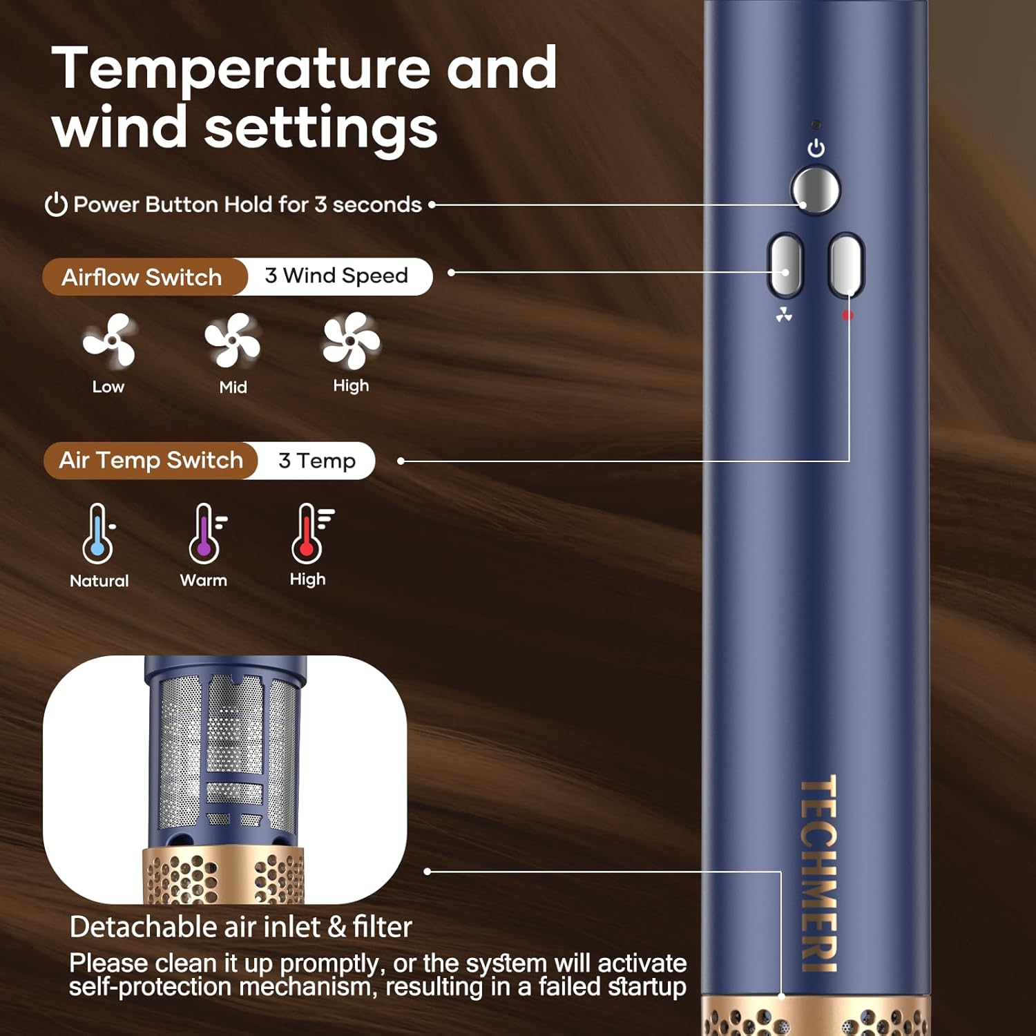 Hair Dryer Brush TECHMERI 6 in 1 Blow Dryer Brush Ions, Detachable Hair Styler Tools, Auto Wrap Curler, Hot Air Brush for Drying, Straightening and Volumizing