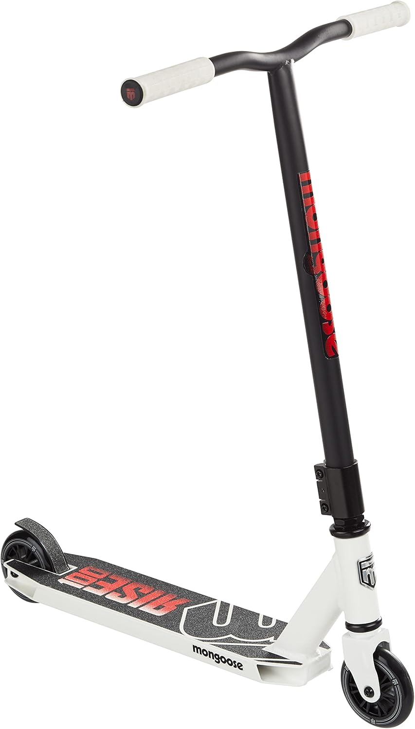 Mongoose Rise Freestyle Stunt Trick Scooter, For Kids Youth Adult Men Women Ages 8 Up, Lightweight Alloy Deck & Heavy-Duty Frame Up to 220 lbs., Bike-Style Grip, T-Bar Handlebar and High Impact Wheels