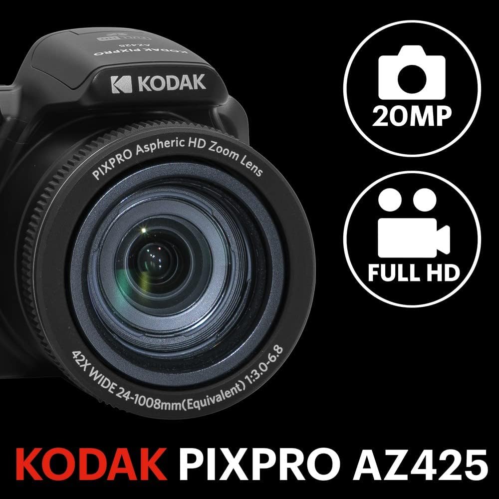 KODAK PIXPRO AZ425-BK 20MP Digital Camera 42X Optical Zoom 24mm Wide Angle Lens 1080P Full HD Video Optical Image Stabilization Li-Ion Battery 3 LCD Vlogging Camera (Black)