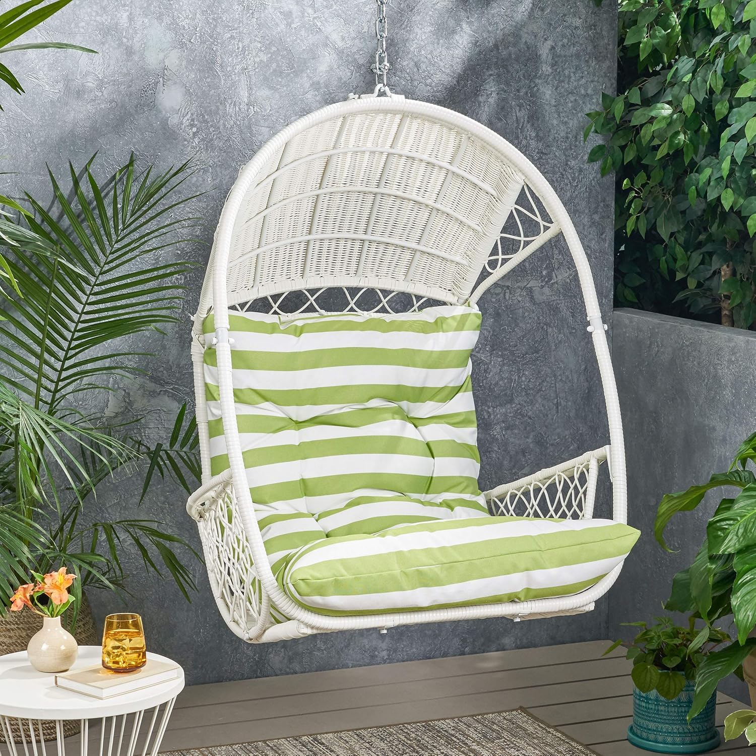 Christopher Knight Home Becky Wicker Hanging Chair with Cushion (Stand Not Included), White, Green