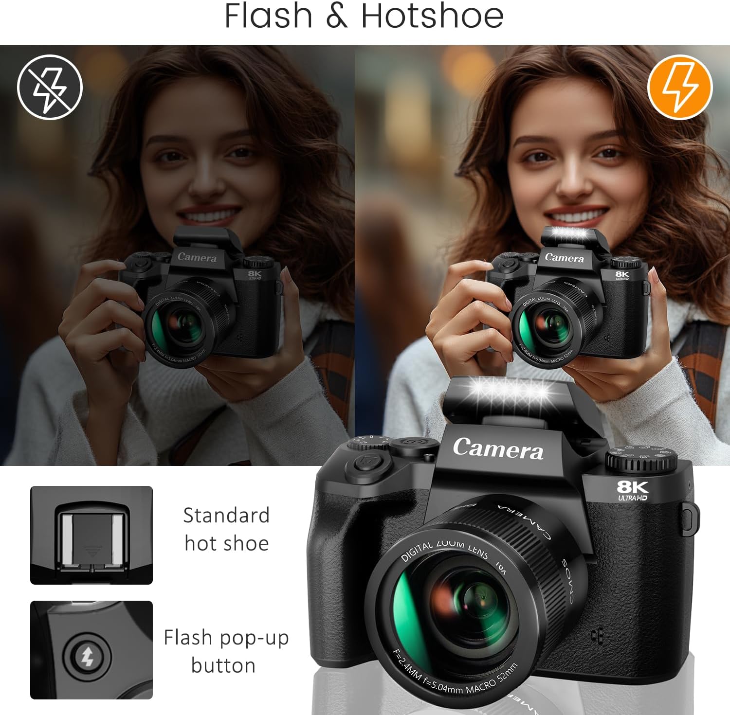 Saneen Digital Camera, 8k Cameras for Photography, 64MP WiFi Touch Screen Vlogging Camera with Flash, 32GB SD Card, Lens Hood,3000mAH Battery, Front and Rear Cameras,Hot Shoe Interface Beginner