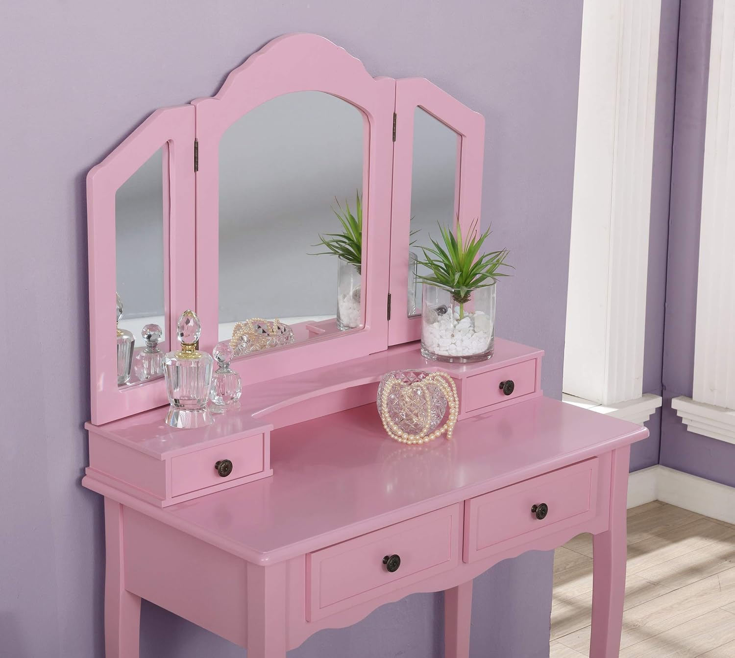 Roundhill Furniture Sanlo Wooden Vanity | Make Up Table and Stool Set | White