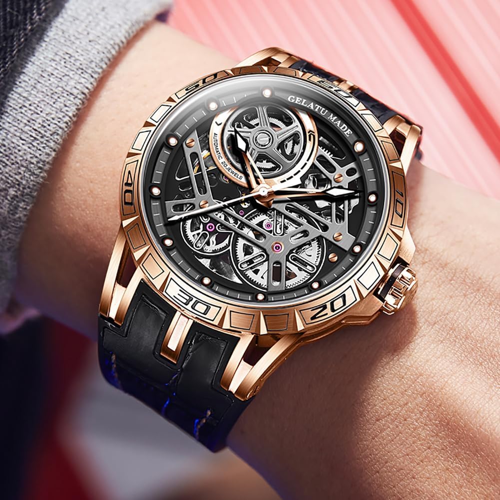 OUPINKE Skeleton Mens Watches Automatic Mechanical Luxury Watch Sapphire Crystal Leather Band Waterproof Luminous Wristwatch