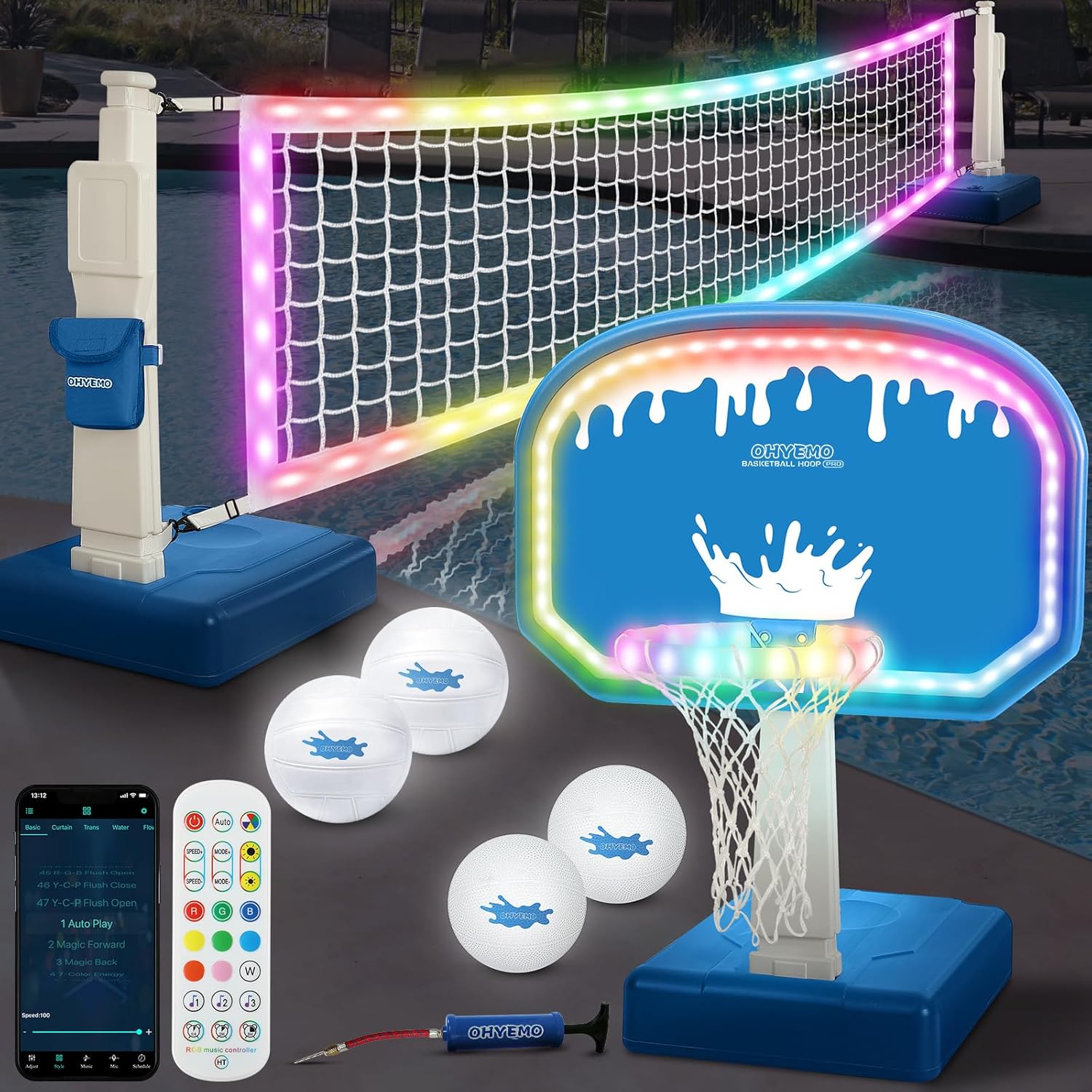 OHYEMO 2-in-1 LED Pool Volleyball & Basketball Game Set, Light Up Pool Sport Combo Set with 14in LED Rim/4 Glow Balls/2 Base/Pump, Inground Swimming Pool Toy Party Games for Adults & Family