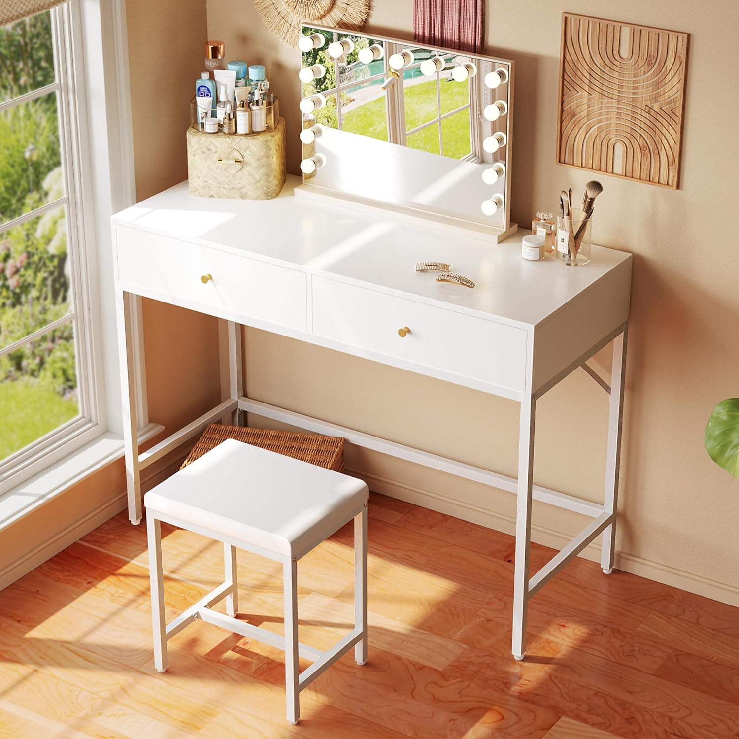 SUPERJARE 35.4 White and Gold Desk with 2 Drawers, Modern Makeup Vanity Desk with Padded Stool, Small Computer Desk Home Office Desk for Writing Study Bedroom