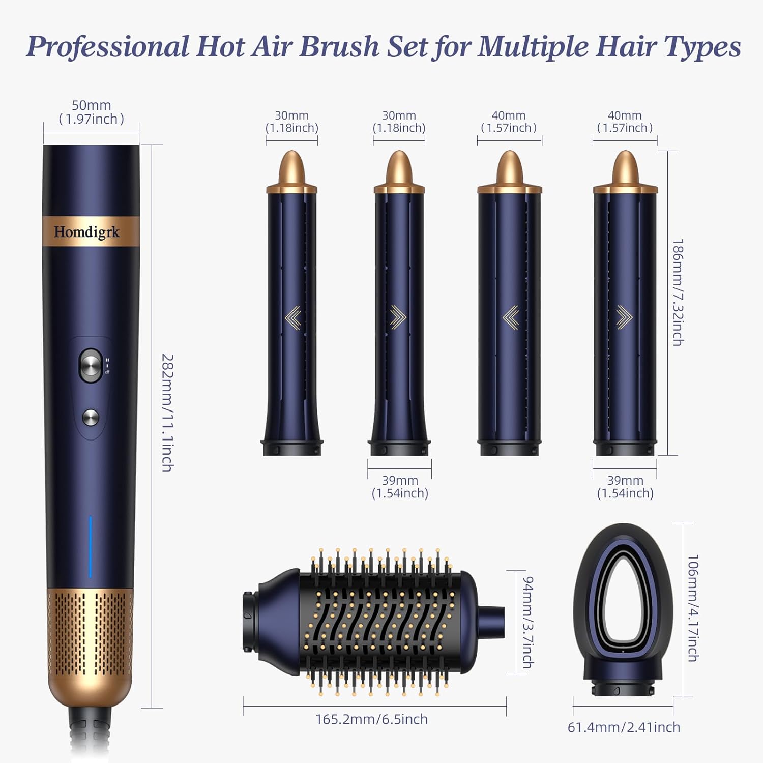 Homdigrk 6 in 1 Professional Hot Air Styler, Ionic Hair Dryer&Curling Iron Set, Combines Drying, Smoothing, Curling, and Volumizing in one, Including Travel Storage Case - Prussian Blue