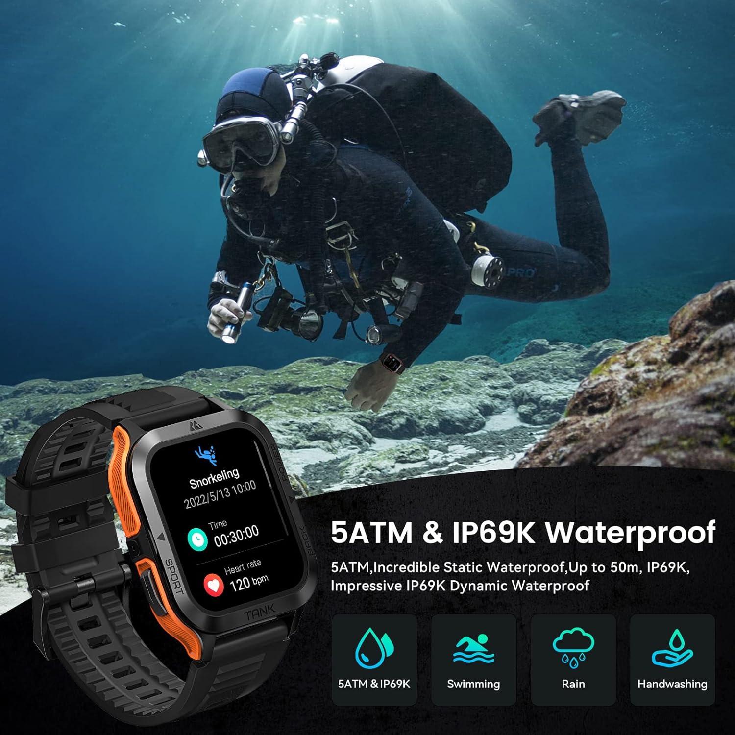 AMAZTIM Smart Watch, 60 Days Extra-Long Battery, 50M Waterproof, Rugged Military Bluetooth Call(Answer/Dial Calls), 1.85 Ultra Large HD Display, AI Voice Assistant, Compatible for Android and iOS
