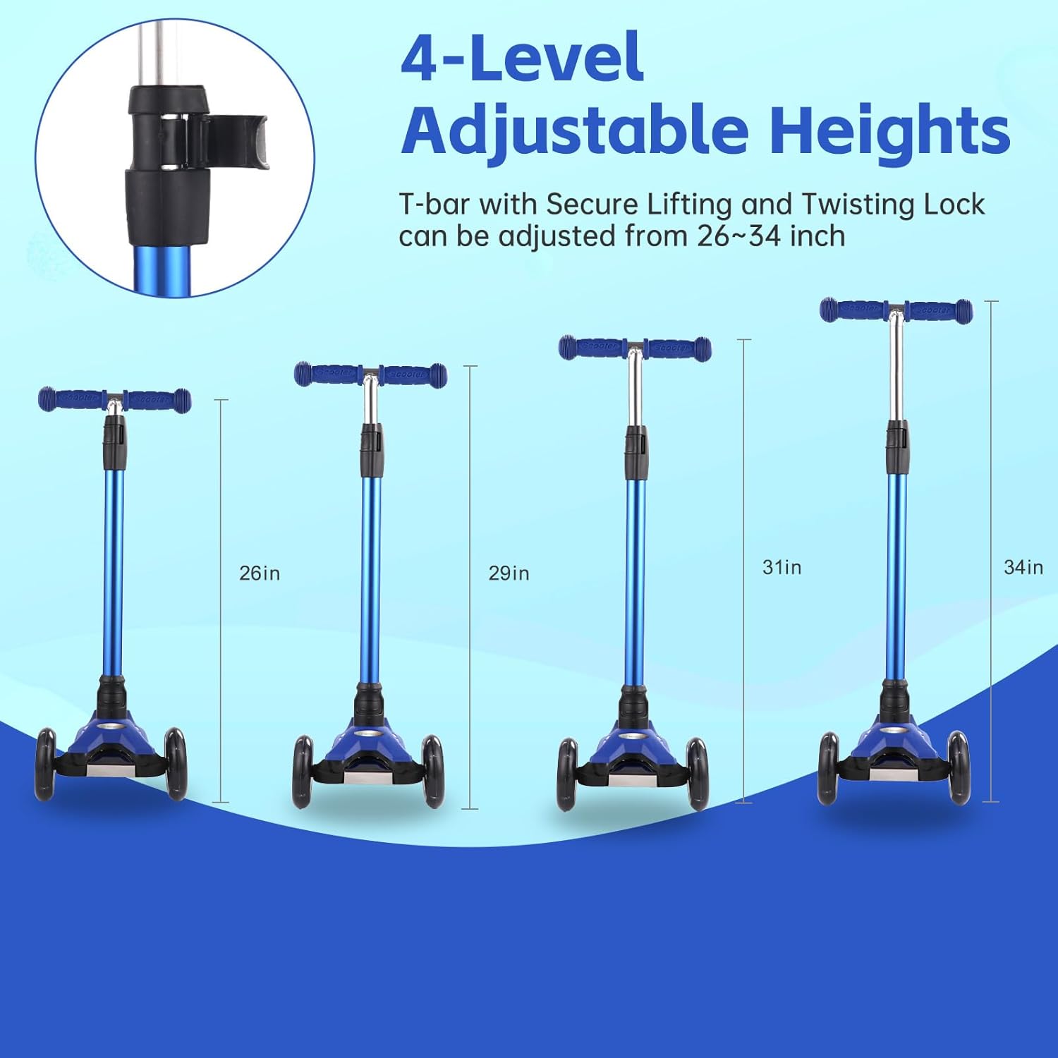 3 Wheel Scooter for Kids Ages 6-12,Kids Scooter with Light Up Wheels, Sturdy Deck Design, and 4 Height Adjustable Suitable for Kids Ages 3-12