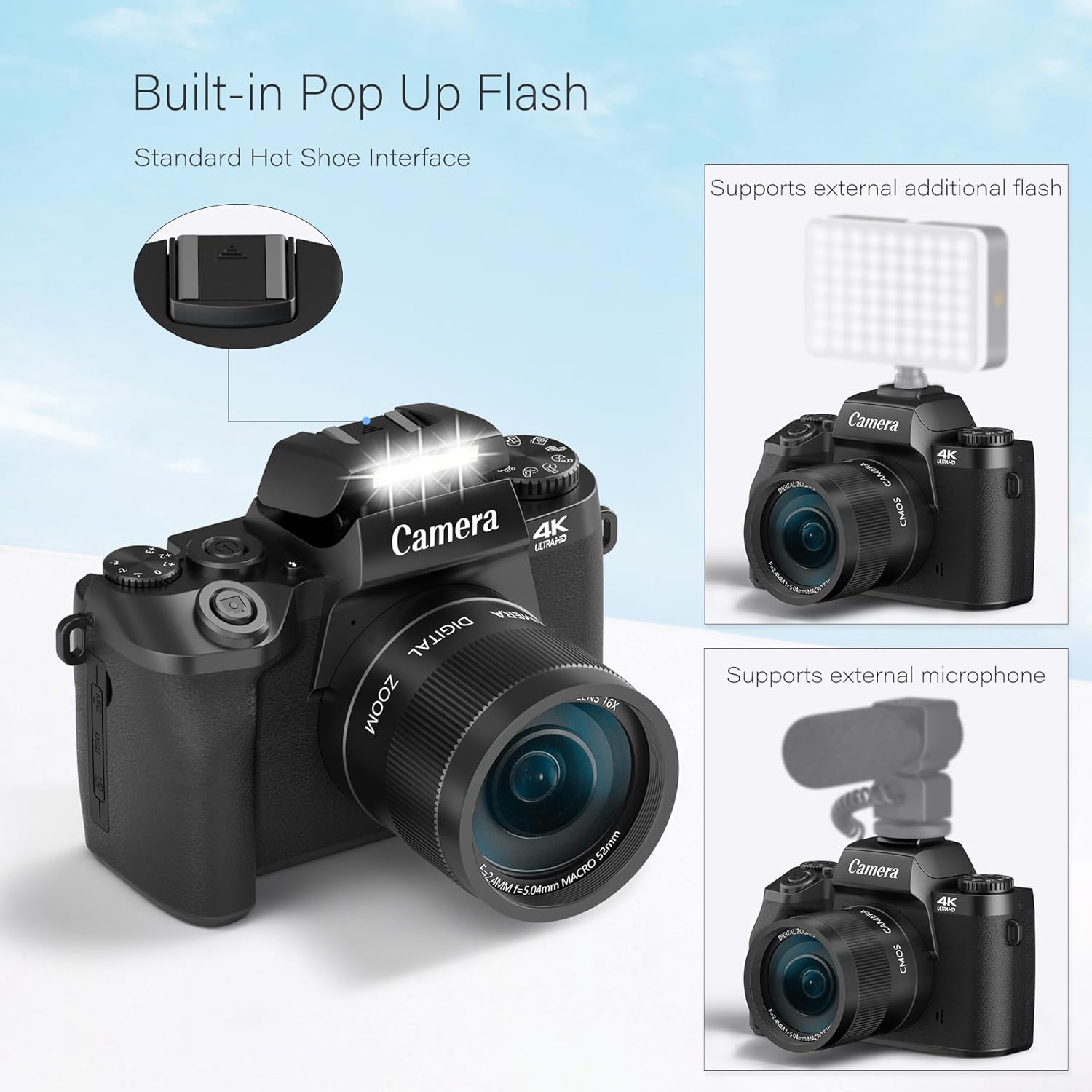 Saneen Digital Camera, 8k Cameras for Photography, 64MP WiFi Touch Screen Vlogging Camera with Flash, 32GB SD Card, Lens Hood,3000mAH Battery, Front and Rear Cameras,Hot Shoe Interface Beginner