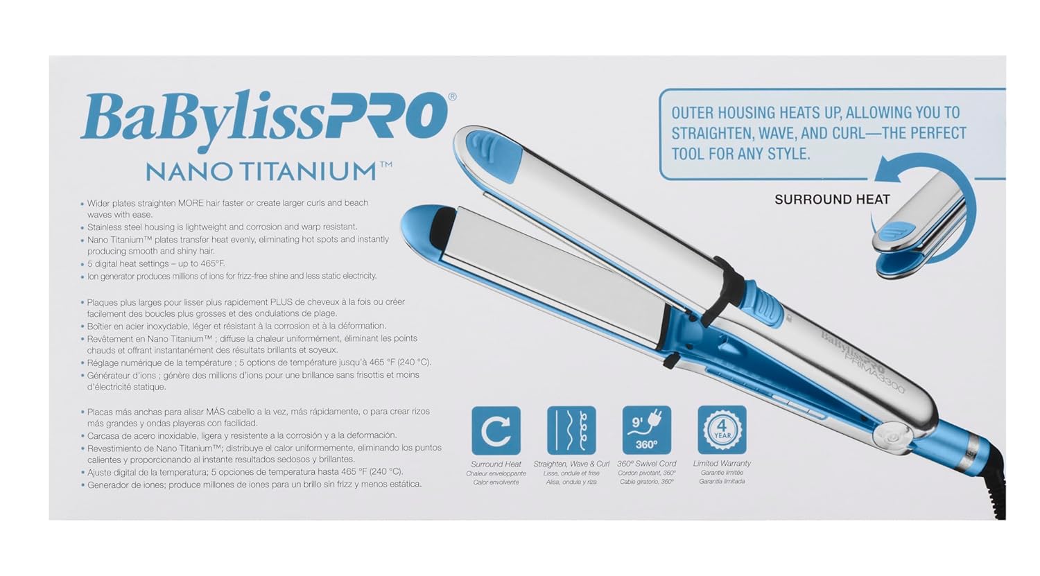 BaBylissPRO Nano Titanium Prima Ionic Hair Straightener, Curl and Straighten Hair With One Professional Tool