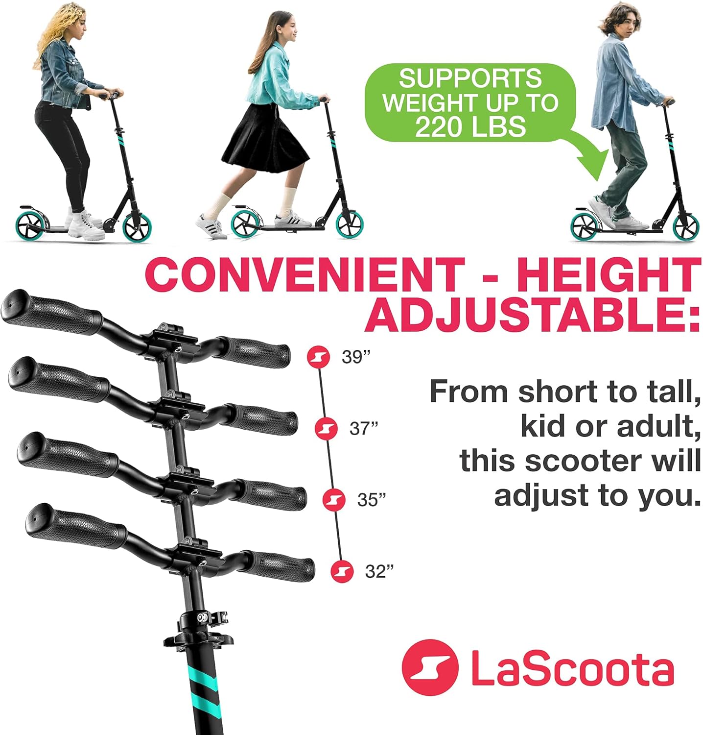 LaScoota Kick Scooter for Kids Ages 6+, Teens & Adults, Large 8 Sturdy Urethane Wheels. Adjustable Handlebar, Lightweight, Foldable, 220lbs Max Load