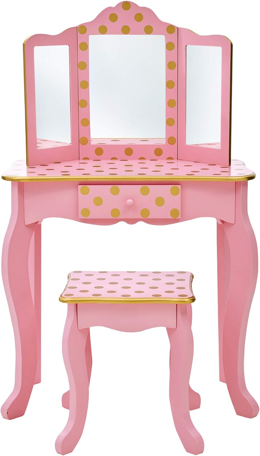 Teamson Kids Pretend Play Kids Vanity, Table & Chair Vanity Set with Mirror, Girls Makeup Dressing Table with Storage Drawer & Polka Dot Print, Gisele Collection, Pink/Gold