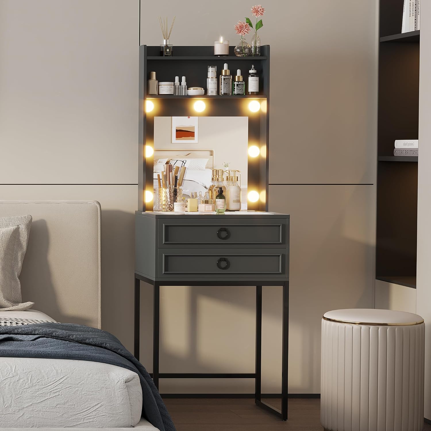 LVSOMT Small Makeup Vanity with Glass Top, White Vanity Desk with Lighted Mirror and Lights, Mini Makeup Table with Motion Sensor, Corner Dressing Table for Bedroom, Apartment