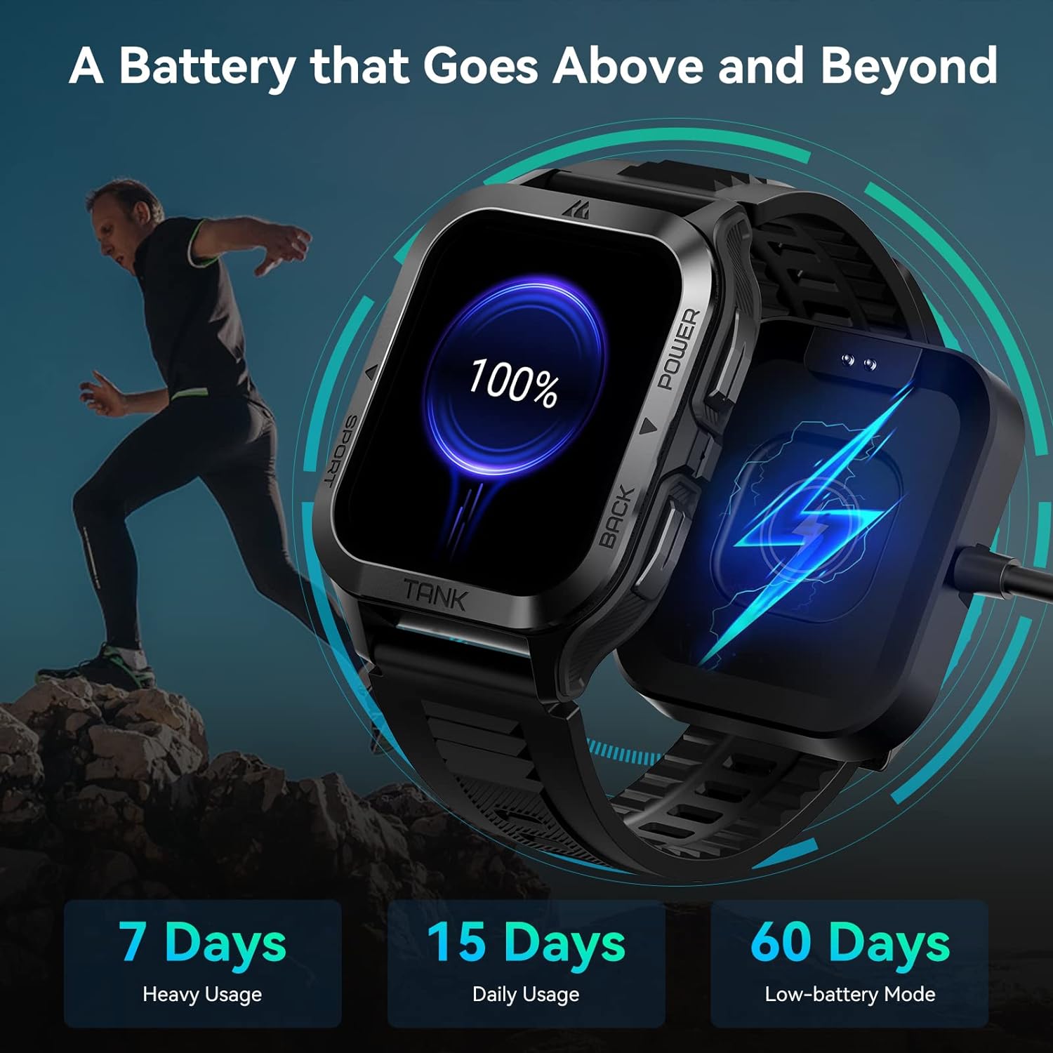 AMAZTIM Smart Watch, 60 Days Extra-Long Battery, 50M Waterproof, Rugged Military Bluetooth Call(Answer/Dial Calls), 1.85 Ultra Large HD Display, AI Voice Assistant, Compatible for Android and iOS