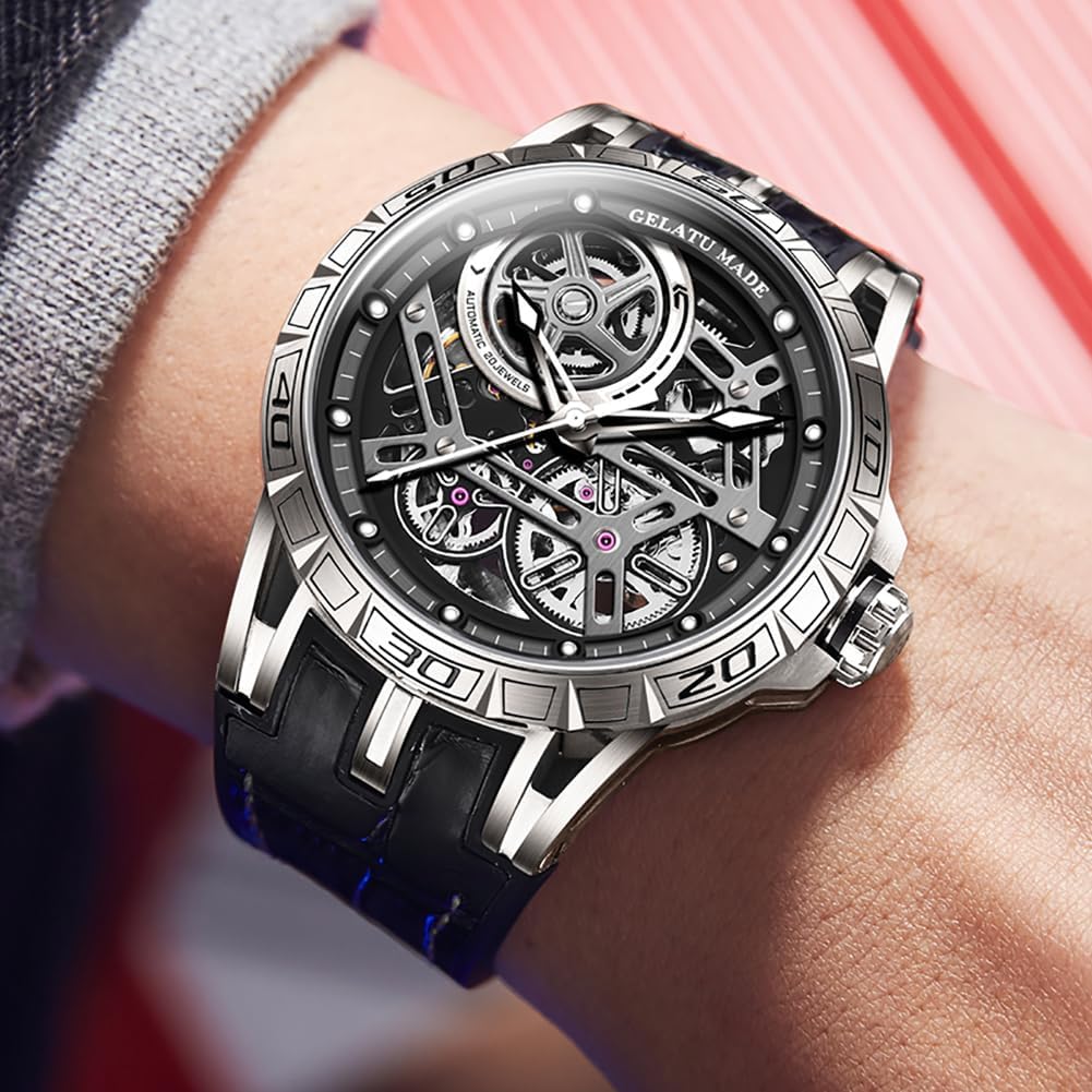 OUPINKE Skeleton Mens Watches Automatic Mechanical Luxury Watch Sapphire Crystal Leather Band Waterproof Luminous Wristwatch