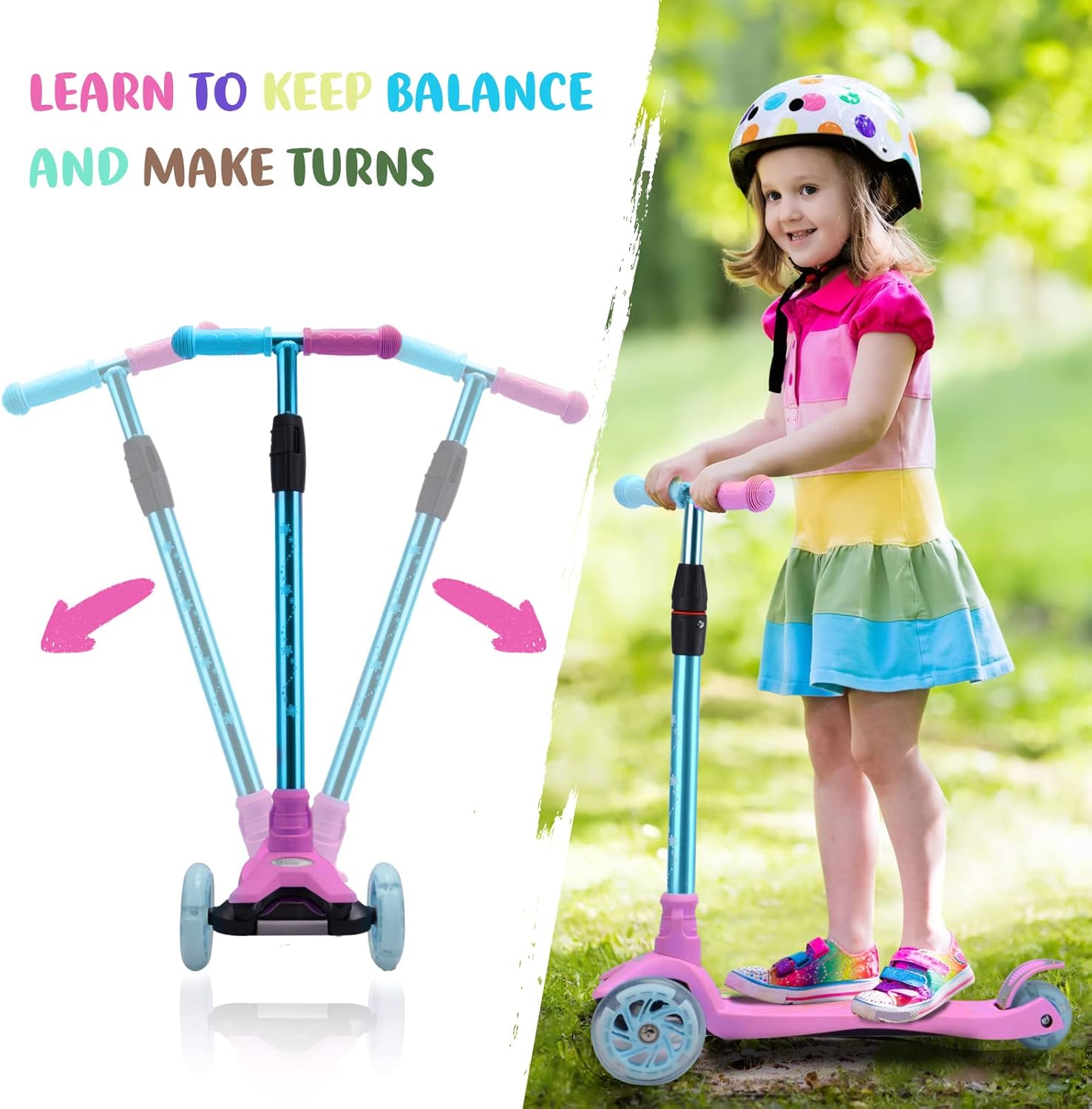 3 Wheel Scooter for Kids Ages 6-12,Kids Scooter with Light Up Wheels, Sturdy Deck Design, and 4 Height Adjustable Suitable for Kids Ages 3-12