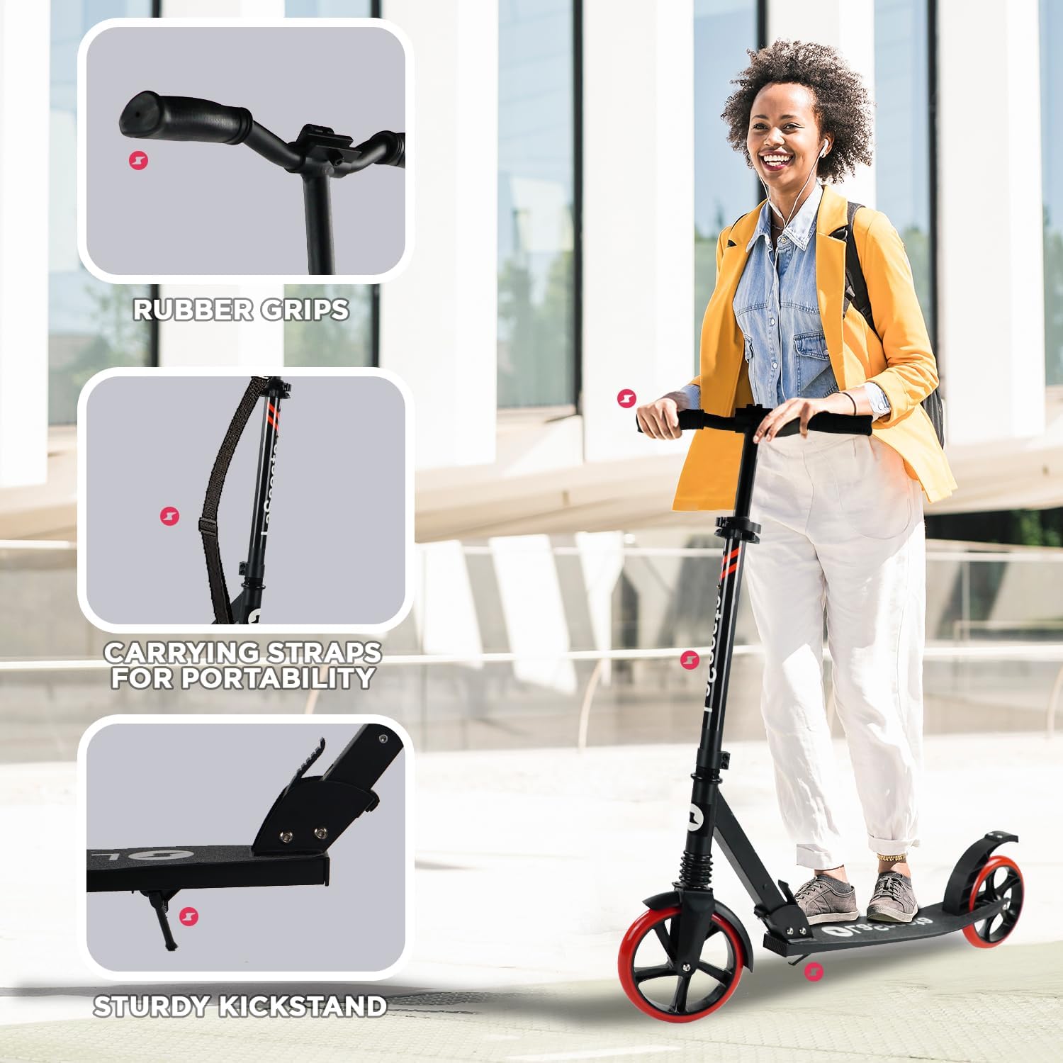 LaScoota Kick Scooter for Kids Ages 6+, Teens & Adults, Large 8 Sturdy Urethane Wheels. Adjustable Handlebar, Lightweight, Foldable, 220lbs Max Load