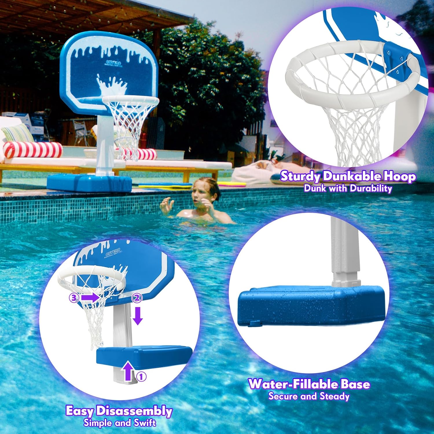 OHYEMO 2-in-1 LED Pool Volleyball & Basketball Game Set, Light Up Pool Sport Combo Set with 14in LED Rim/4 Glow Balls/2 Base/Pump, Inground Swimming Pool Toy Party Games for Adults & Family