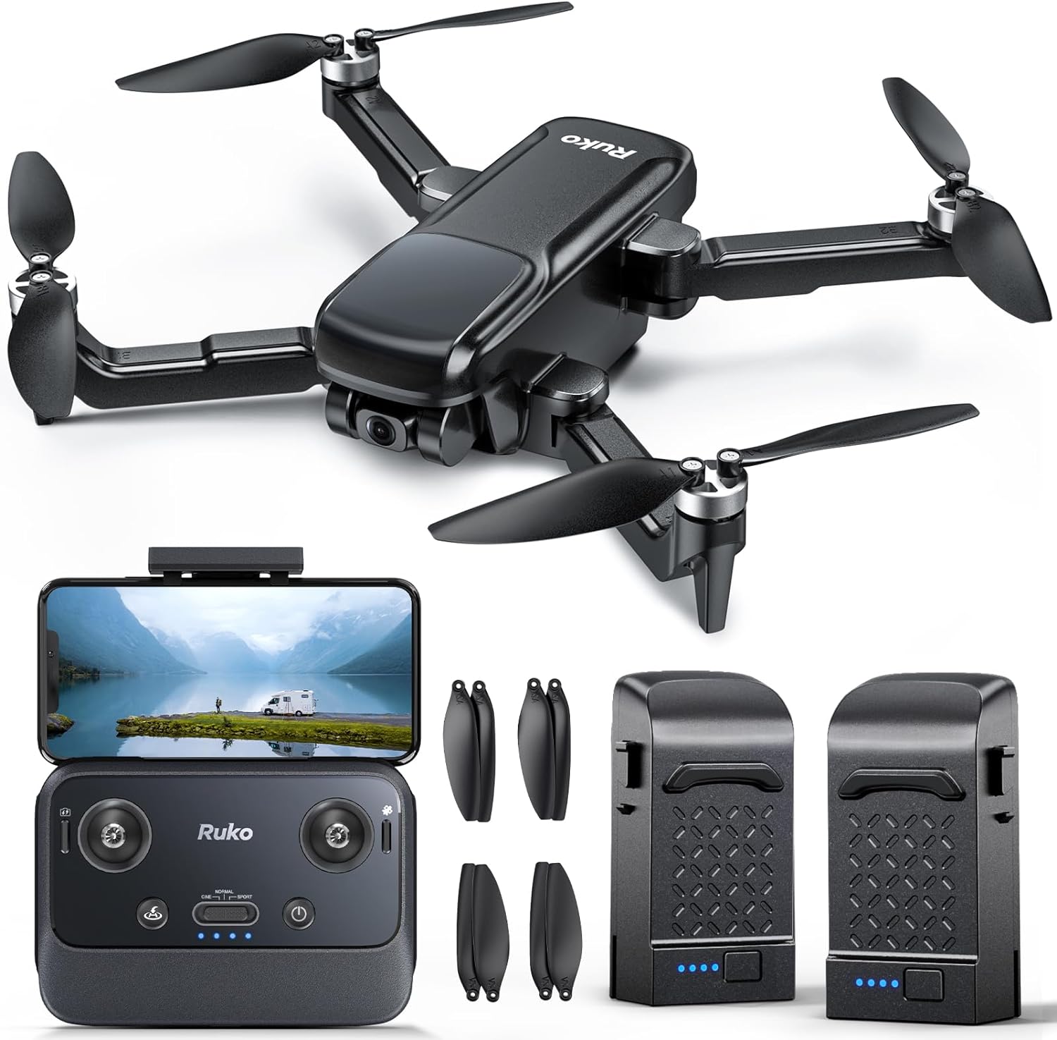 Ruko U11PRO - Primer dron con cámara para adultos, 4K UHD, compatible con identificación remota FAA, tiempo de vuelo de 52 minutos, 2 baterías, retorno automático GPS, modo interior-exterior,