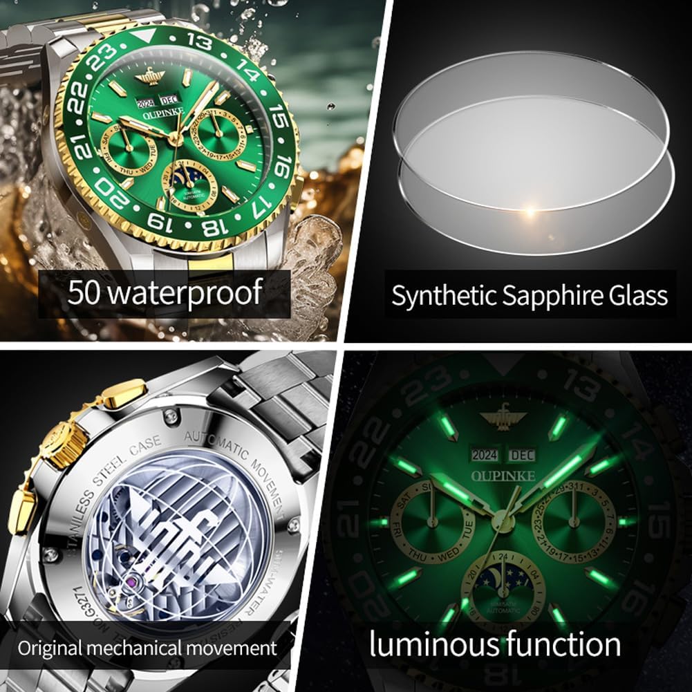 OUPINKE Men's Automatic Watch Self Winding Mechanical Luxury Wrist Watch Sapphire Crystal Tungsten Steel