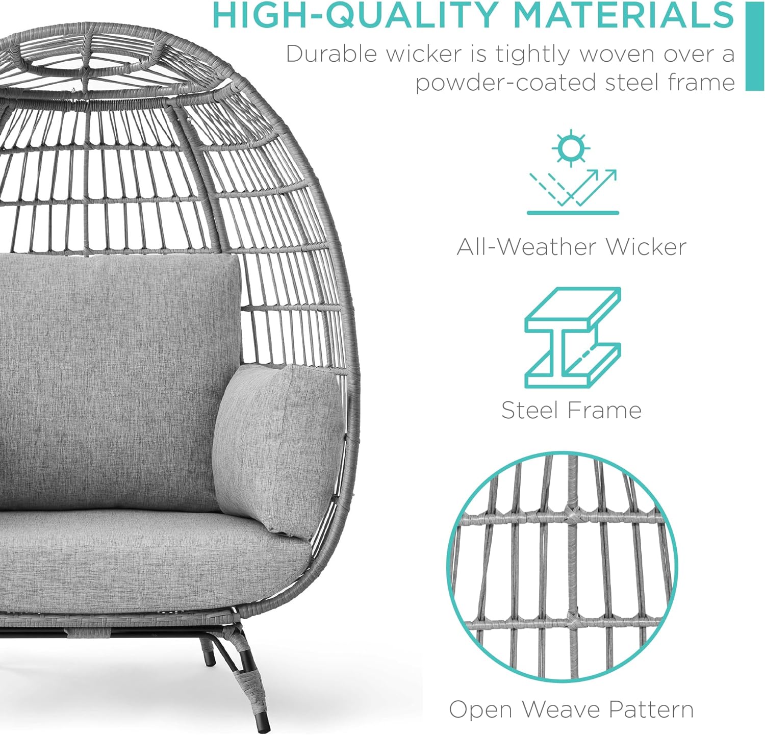 Best Choice Products Wicker Egg Chair, Oversized Indoor Outdoor Lounger for Patio, Backyard, Living Room w/ 4 Cushions, Steel Frame, 440lb Capacity - Gray/Heather Gray