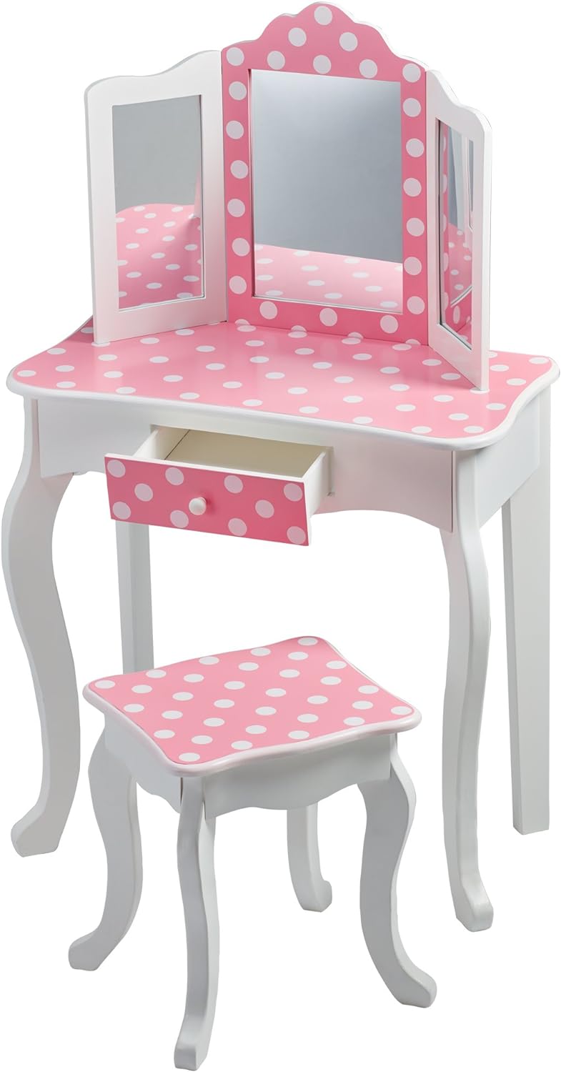 Teamson Kids Pretend Play Kids Vanity, Table & Chair Vanity Set with Mirror, Girls Makeup Dressing Table with Storage Drawer & Polka Dot Print, Gisele Collection, Pink/Gold