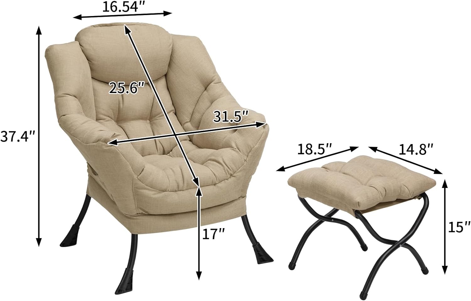 HollyHOME Modern Fabric Large Lazy Chair, Accent Oversized Comfy Reading Chair, Thick Padded Cozy Lounge Chair with Armrest, Single Steel Frame Leisure Sofa Chair for Living Room, Bedroom, Dorm, Grey