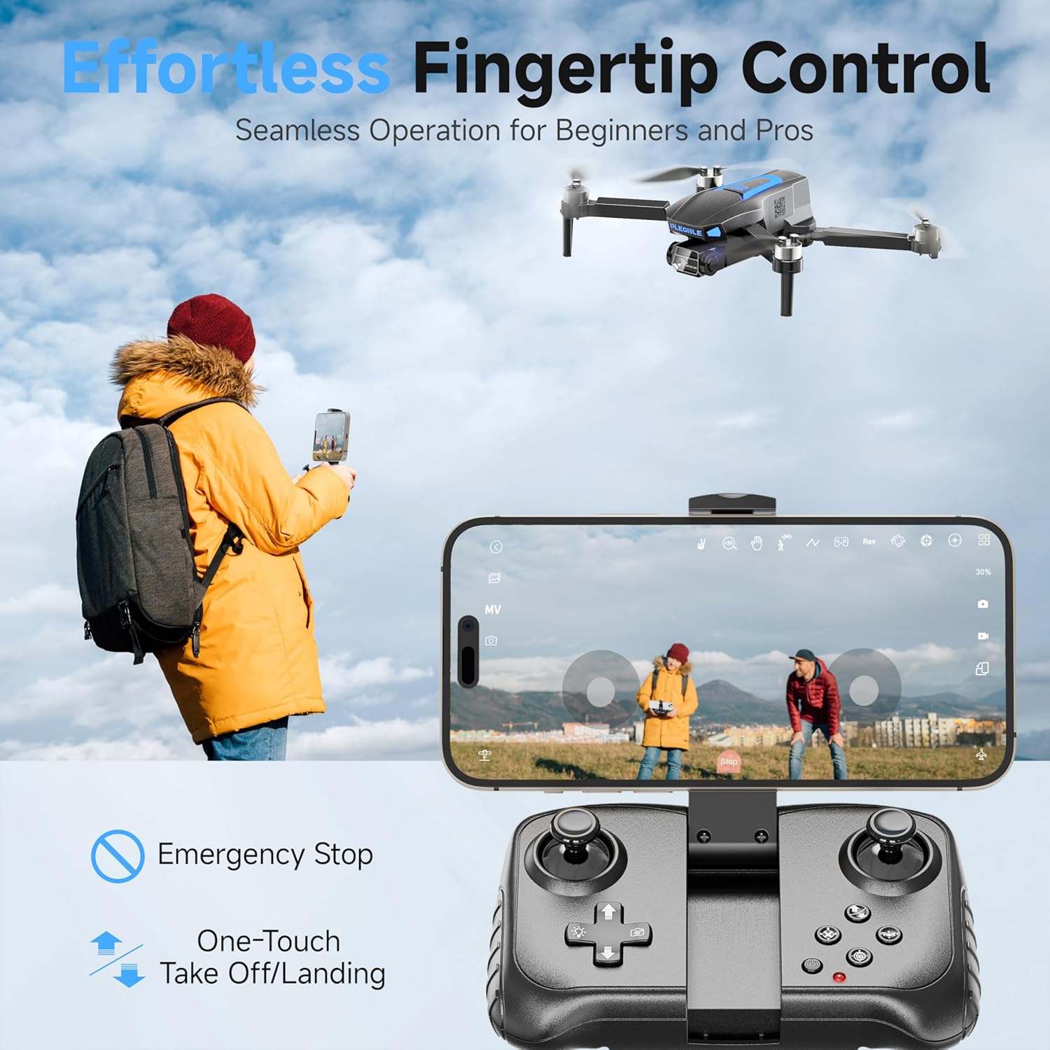 PLEGBLE Drones con cámara para adultos 4K, dron motor sin escobillas para nios principiantes, FPV plegable RC Quadcopter con 3 baterías, tiempo de vuelo largo de 45 minutos, alerta de pérdida de más