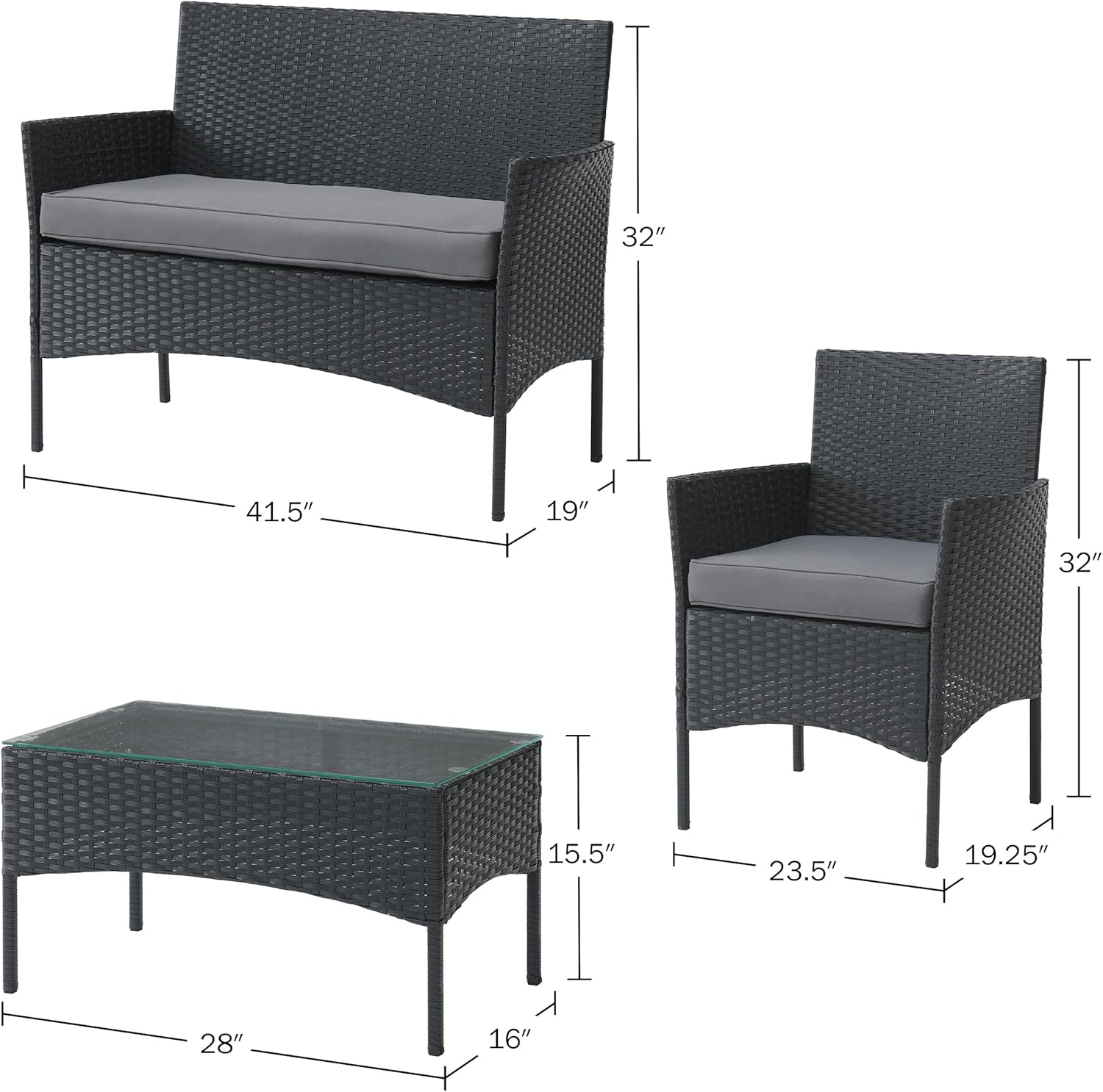 Lavish Home 4-Piece Patio Furniture Set - Rattan Outdoor Couch, 2 Patio Chairs, and Table Combo - Cushioned Deck, Pool, or Porch Furniture (Black)